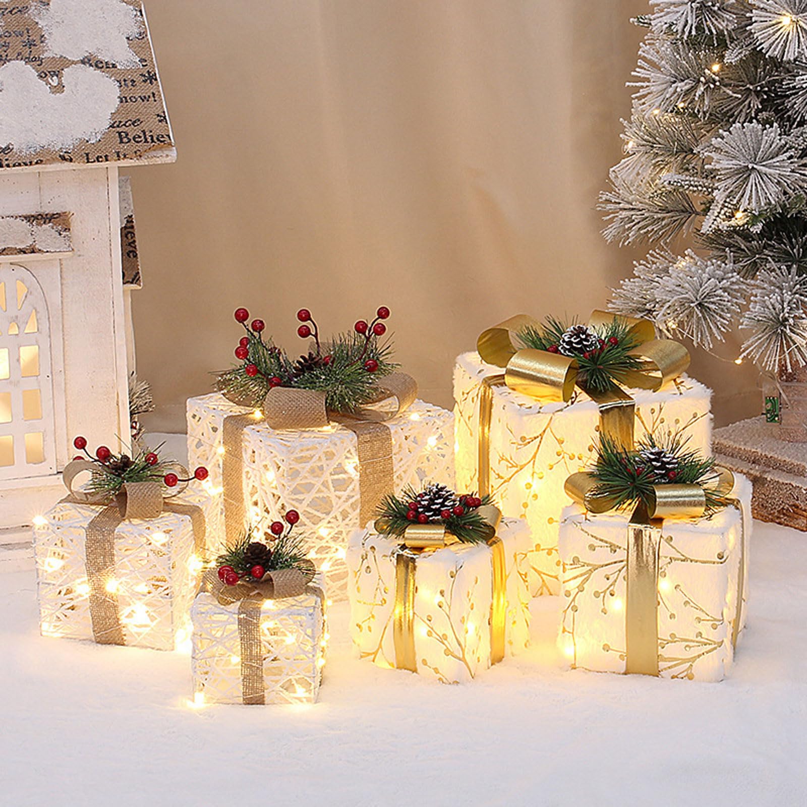 ozdoby świąteczne, Zestaw 3 pudełek prezentowych z podświetleniem LED (wielokolorowe, różne rozmiary)(T1230573 Gold] (Set of 3))