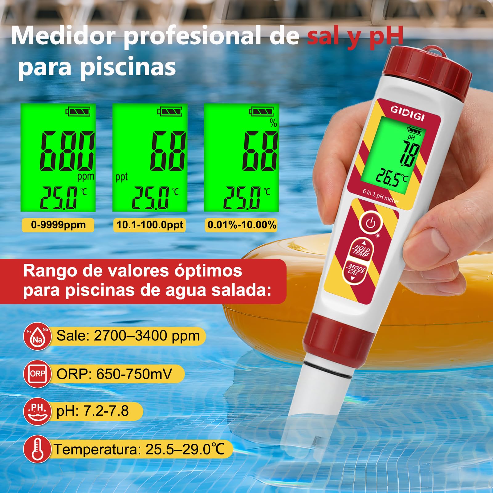 Comprobador digital de calidad del agua 6 en 1 para piscinas e hidropónicos, pH/ORP/TDS/EC/salinidad/TEMP con solución de calibración ORP, Medidor pH ORP para acuarios, agua potable, cerveza