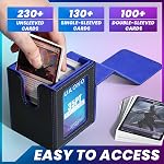 UAONO Boîte à cartes avec MTG Commander Display, porte-boîte de carte design brevetée 100+ Cartes à manches doubles, PU Boîte de rangement de cartes en cuir pour TCG avec 2 Diviseurs, 1 Chargeur principal (Noir et Bleu)