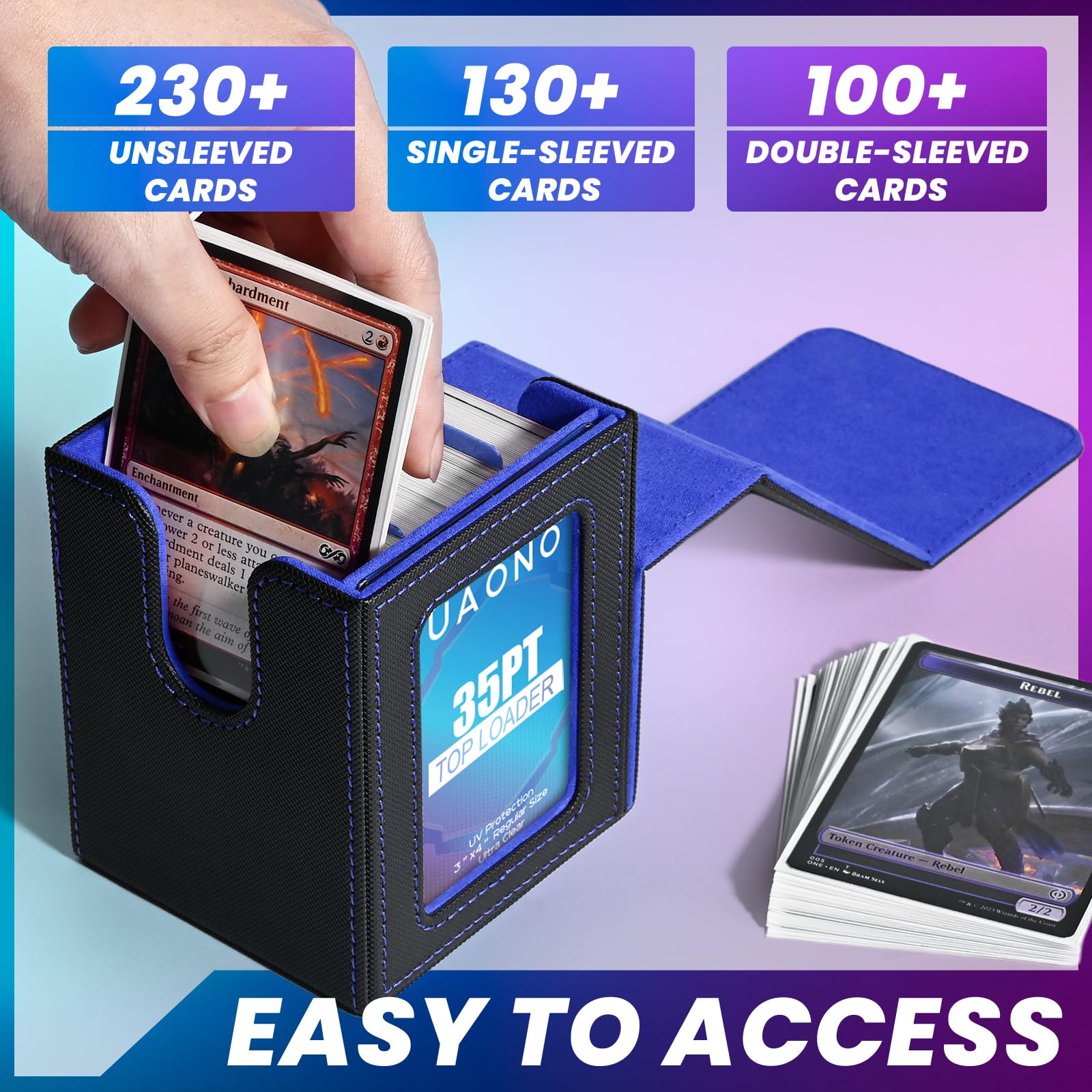 UAONO Caja de cartas con pantalla MTG Commander, funda para más de 100 tarjetas de doble manga, caja de almacenamiento de tarjetas coleccionables para TCG/PTCG/Sports con 2 divisores, 1 cargador