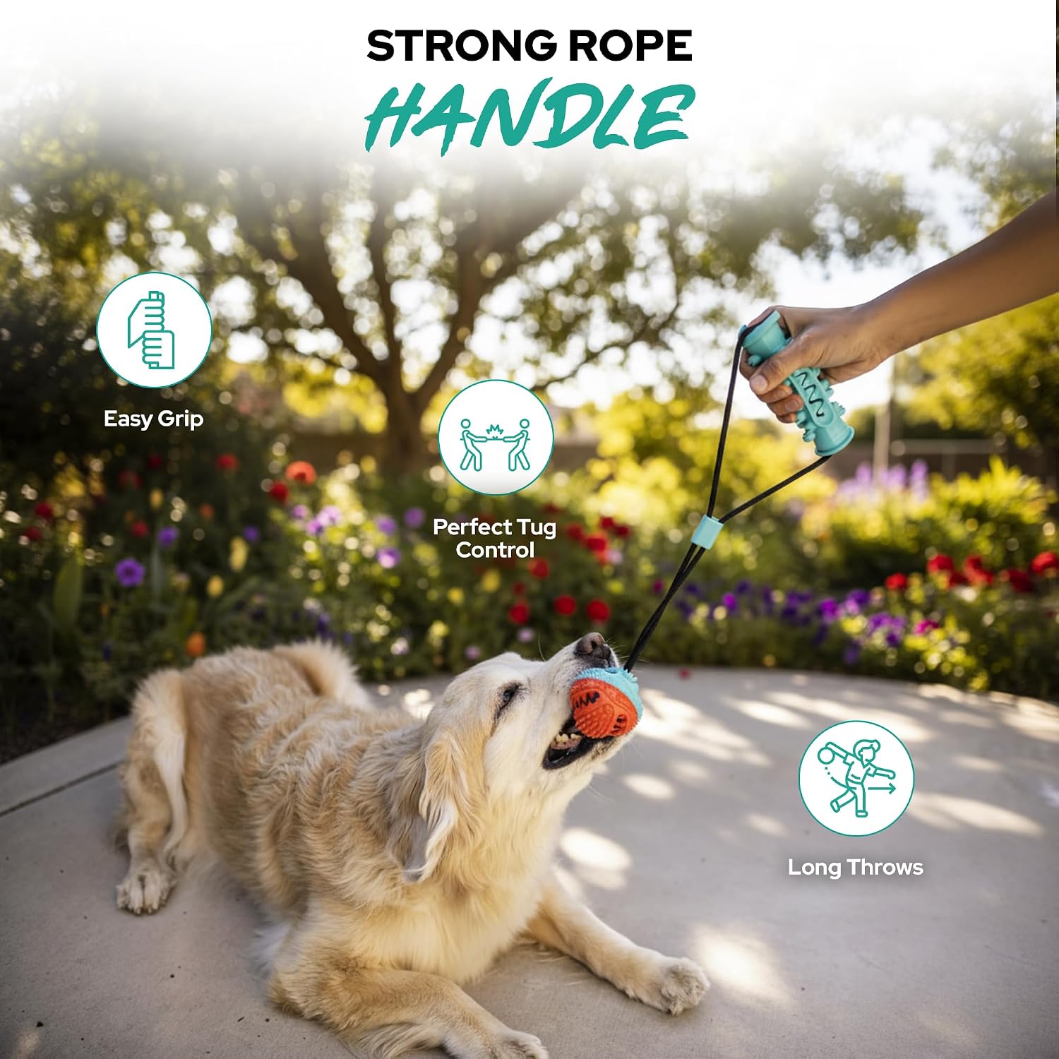 Tail Town Dog Ball with Handle, TPR Rubber Treat Dispensing Dog Ball, Dog Toy Ball with Rope for Fetch, Tug of War & Training, Textured Dental Chew Toy for Small Medium Large Dogs