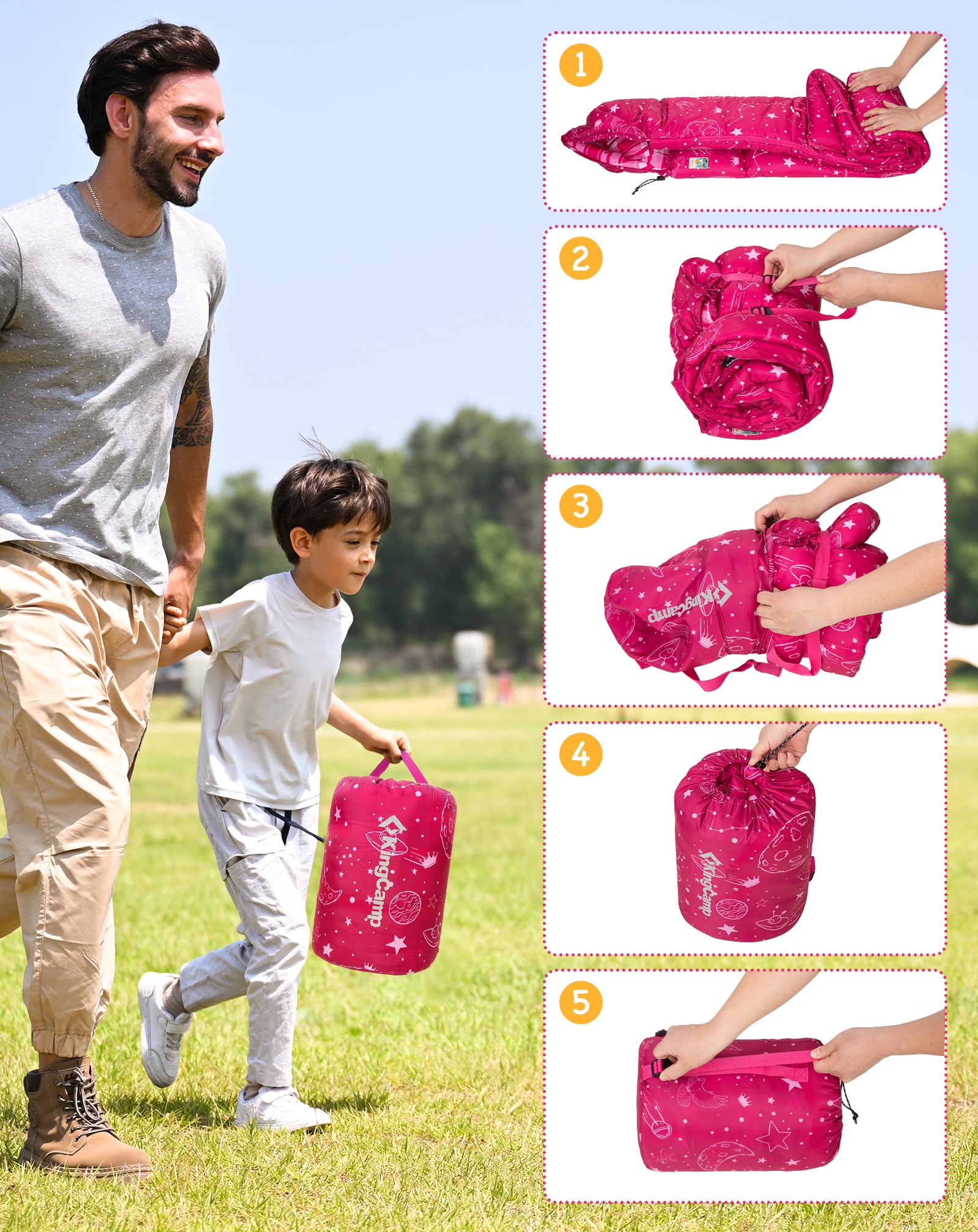 KingCamp Saco de Dormir Niños Franela de Algodón | 170 X 70 cm | 7℃ a -13 ℃ | Cálido y Cómodo para Niñas(Altura máxima hasta 145 cm) | Invierno Camping Accesorios, Viajes y Actividades