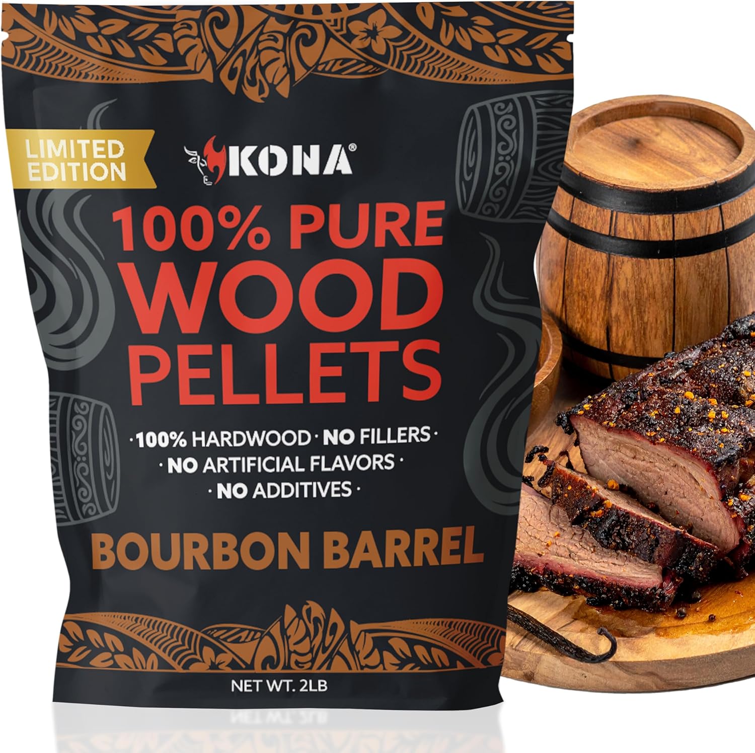 Kona Bourbon Barrel Wood Pellets – Limited Edition for Ninja Woodfire Grill, Outdoor Oven & Smoker – 2lb Resealable Bag