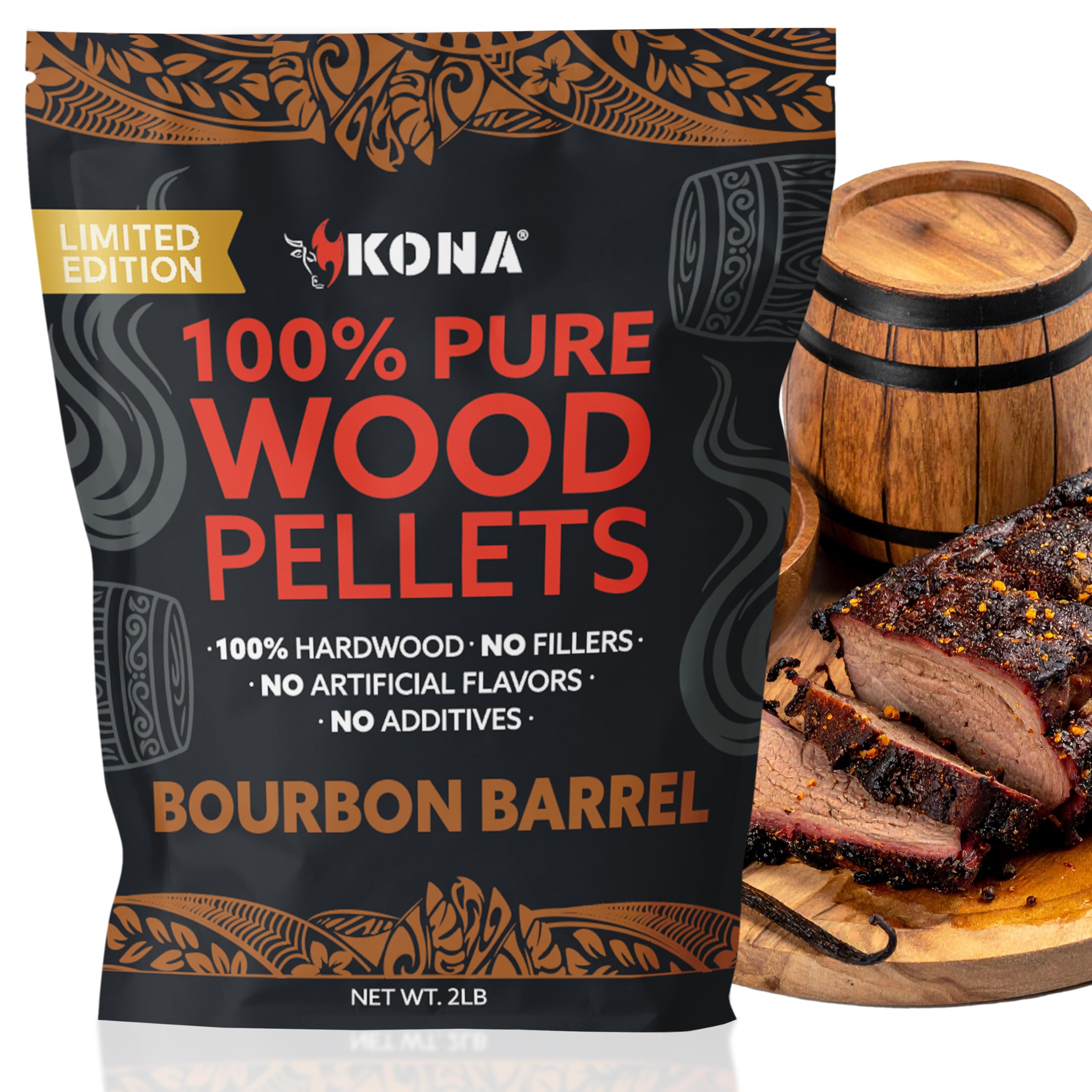 Kona Bourbon Barrel Wood Pellets – Limited Edition for Ninja Woodfire Grill, Outdoor Oven & Smoker – 2lb Resealable Bag