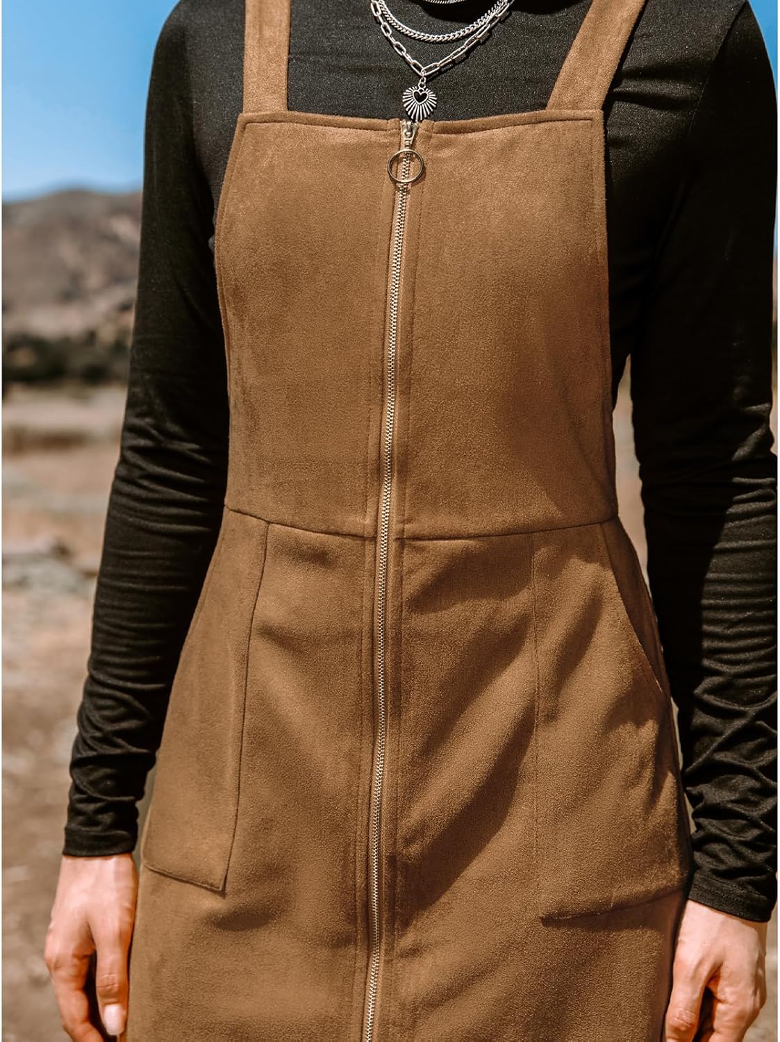 CUPSHE Faux Suede Mini Fall Dresses for Women Square Neck Pull Ring Zipper Front Pockets Wide Straps Casual Autumn Dress - Image 5