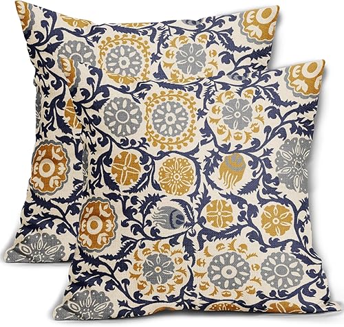 Aytipun Juego de 2 fundas de almohada de 16 x 16 pulgadas, color azul marino, amarillo y gris, estampado floral vintage, bohemio, para exteriores,
