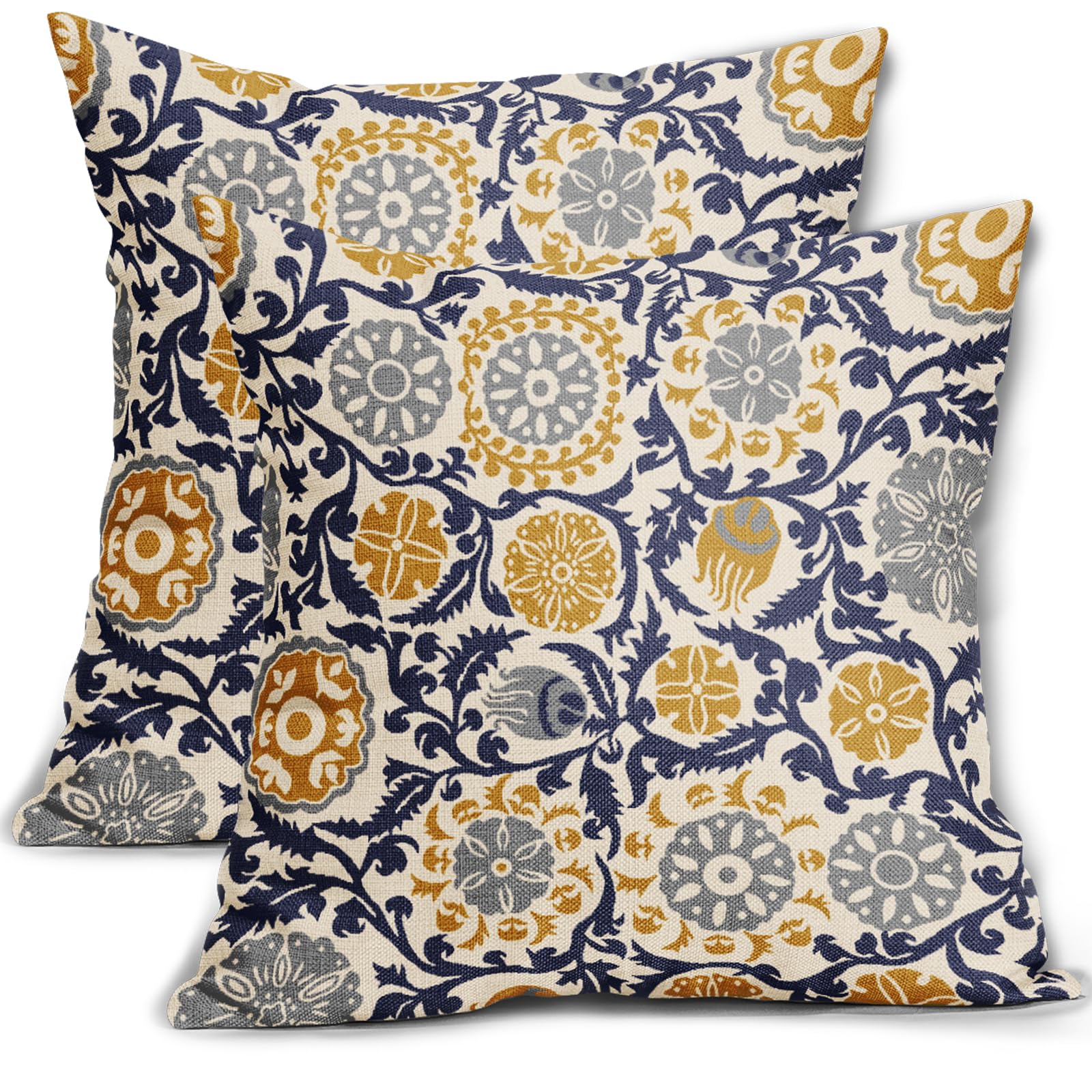 Aytipun Navy Blue Yellow Grey Pillow Covers 20x20 Set of 2 Vintage Floral Boho Carpet Pattern Print Decorative Outdoor Pillowcases Farmhouse Throw