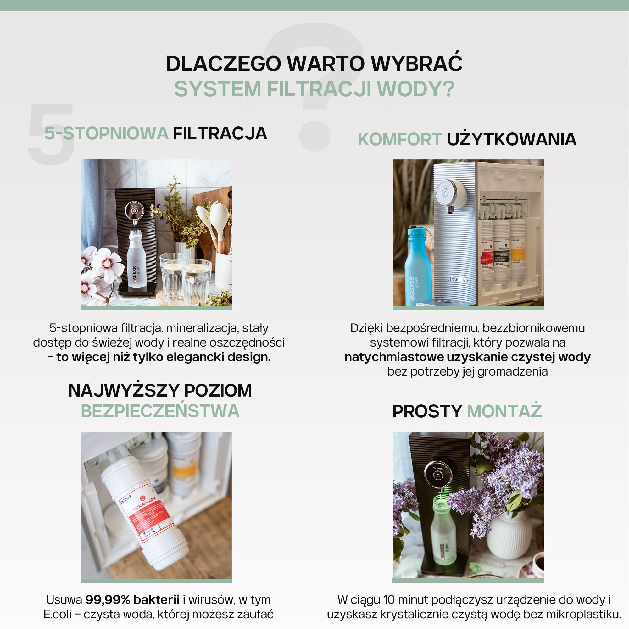 System filtracyjny 4SWISS do wody użytkowej, 5-stopniowy system bezpośredniego filtrowania wody pitnej z trzema wymiennymi wkładami i czterema trybami dozowania wody