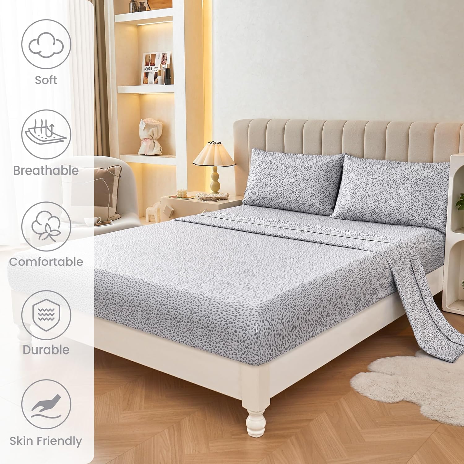 Mooreeke Leopard Cheetah Printed King Bed Sheets, Soft Microfiber Bedding Sheets & Pillowcases, Deep Pocket Non-Slip Fitted King Sheet, Silver Grey Animal Pattern Bedsheets