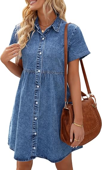 LookbookStore Womens Short Sleeve Button Down Flowy Tiered Babydoll Denim Dress