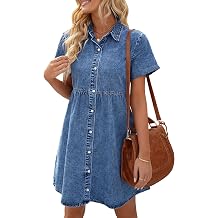 LookbookStore Denim Dress for Women Short Sleeve Flowy Babydoll Jean Dress | Trendy Womens Summer Dresses, Tiered Baby Doll Short Dress, Above Knee Length, Button Down, Daily Wear, Country Concert Dress