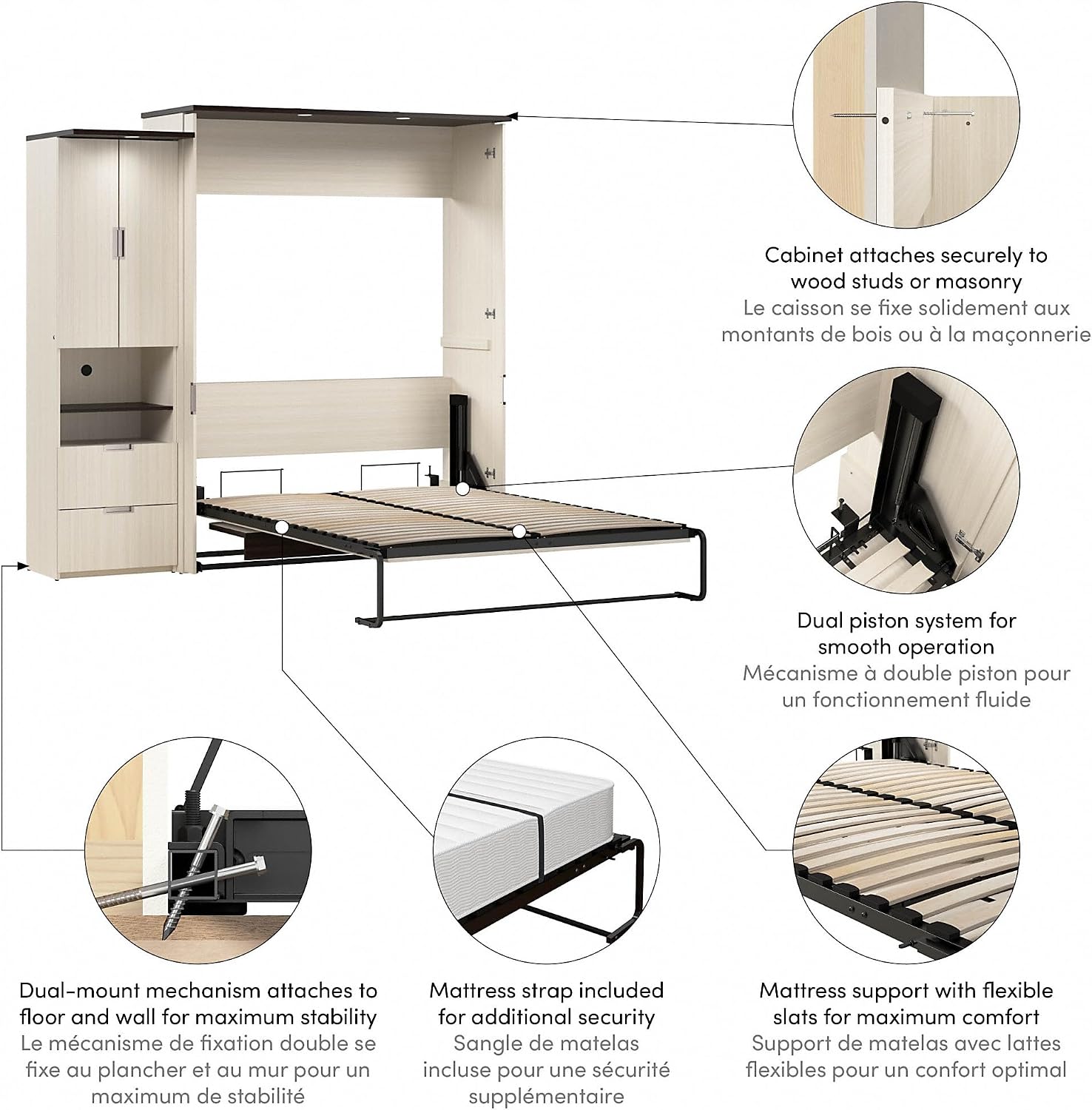 Bestar Lumina 91W Queen Murphy Bed with Desk and Storage Cabinet in White Chocolate, Sleeping Arrangement with Drawers