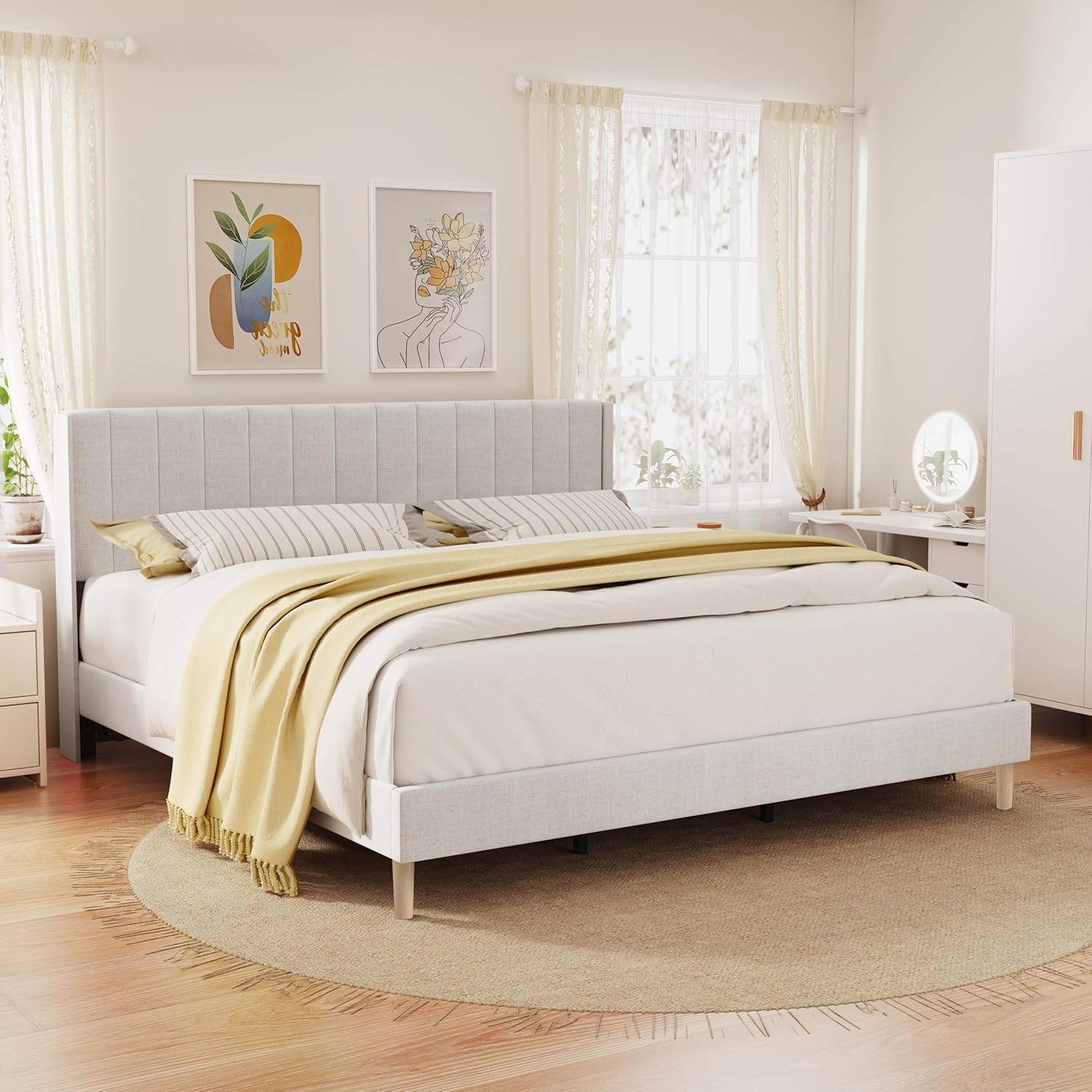 RYR Modern Upholstered Platform Bed Frame King Size with