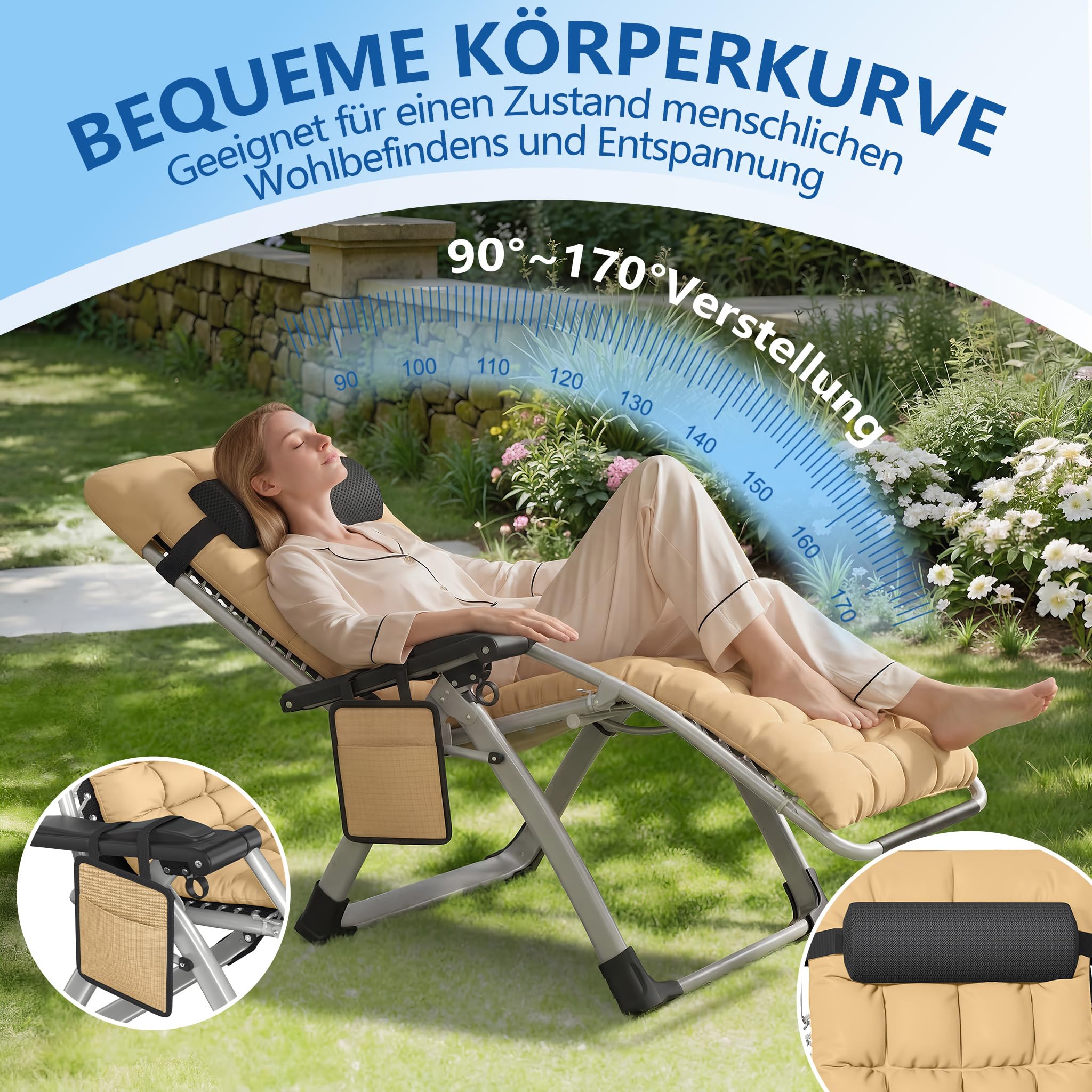 YRHome Beige Sonnenliege Klappbar Gartenliege, Liegestuhl mit Dach, Belastbar 150kg, Ergonomische Relaxliege mit Verstellbarer Rückenlehne, Seitentasche, Nackenkissen, Getränkehalter für Garten