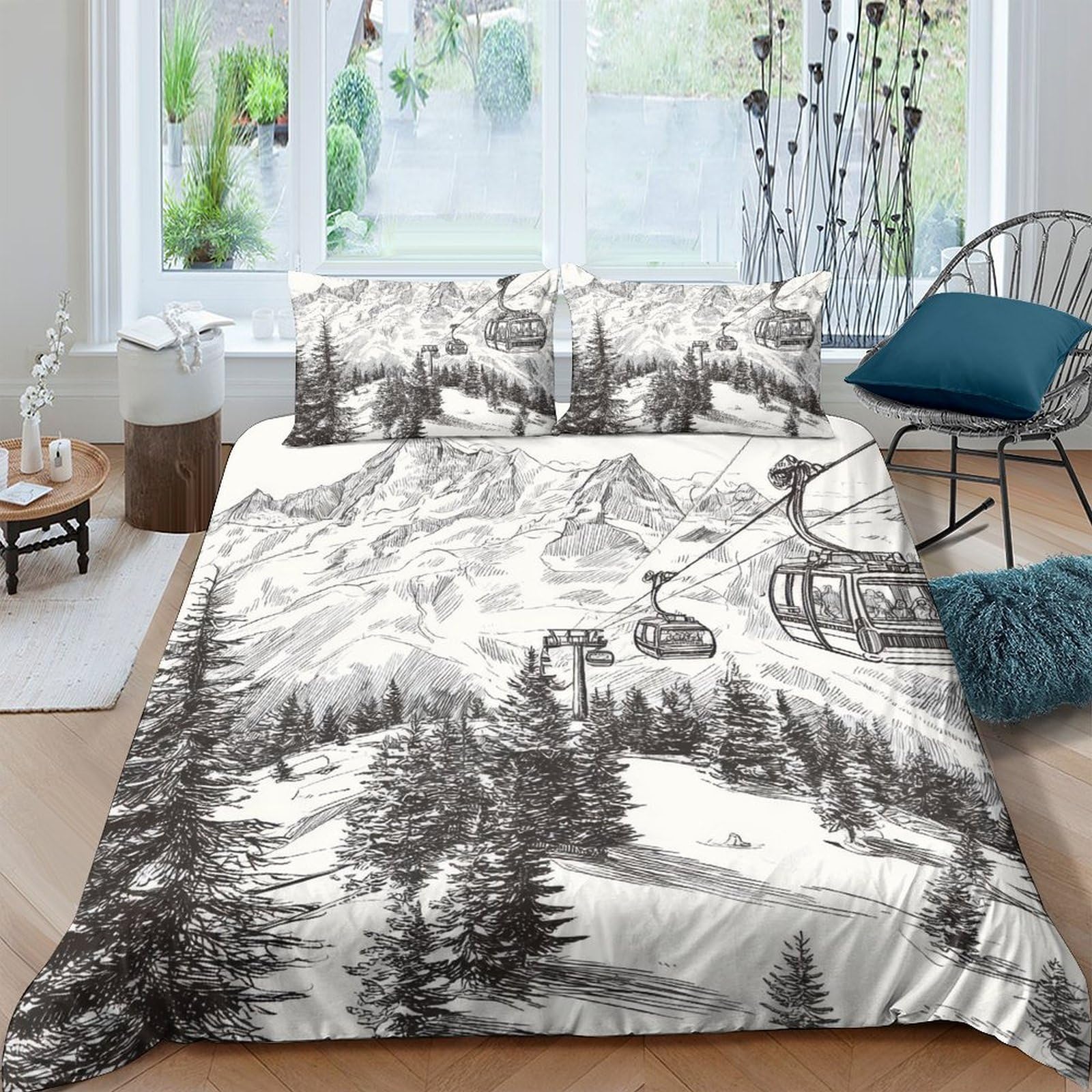 Ctjqhvkz Style-7 3D Printed Ski Resort Landscape Fitted Sheet Microfiber Snowy Mountain Bed Cover For Bedroom Guest Room Decor Single（135X200cm）