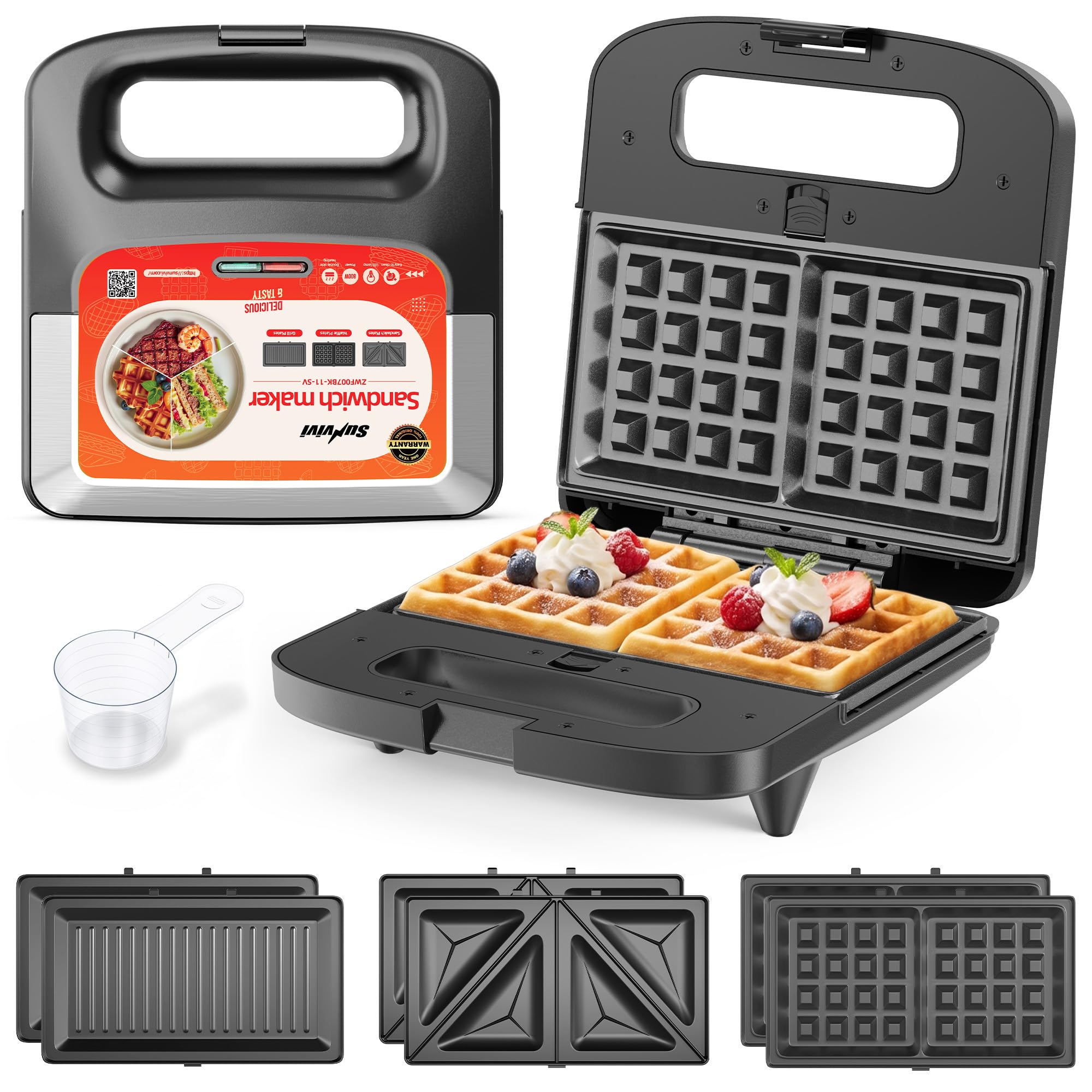 3 in 1 Electric Sandwich Maker with Removable Nonstick Plates - 800W,Sliver