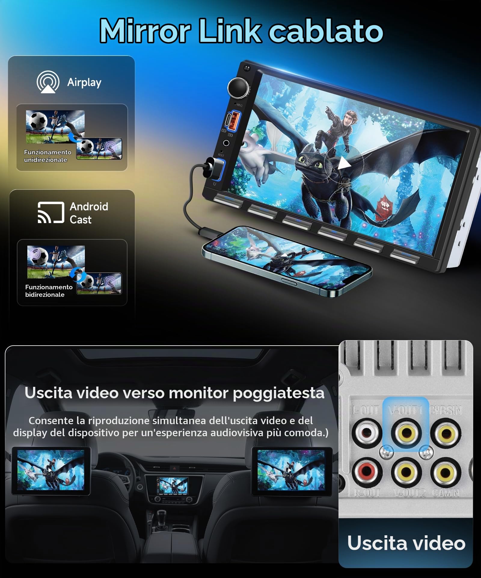 VECHTEL 7" Autoradio 2 Din con carplay wireless Android Auto,radio FM con Blurtooth,navi GPS,2 USB/SD/AUX, video online,Mirror Link,auto touchscreen IPS con telecamera di retromarcia/tasti pianoforte
