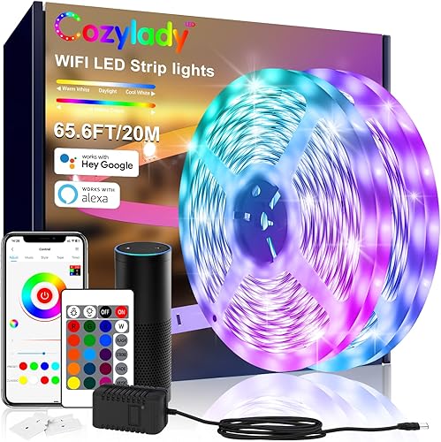 Cozylady Tira de luces LED inteligentes de 65.6 pies para dormitorio, funciona con Alexa, 5050 RGB que cambia de color, sincronización de música,