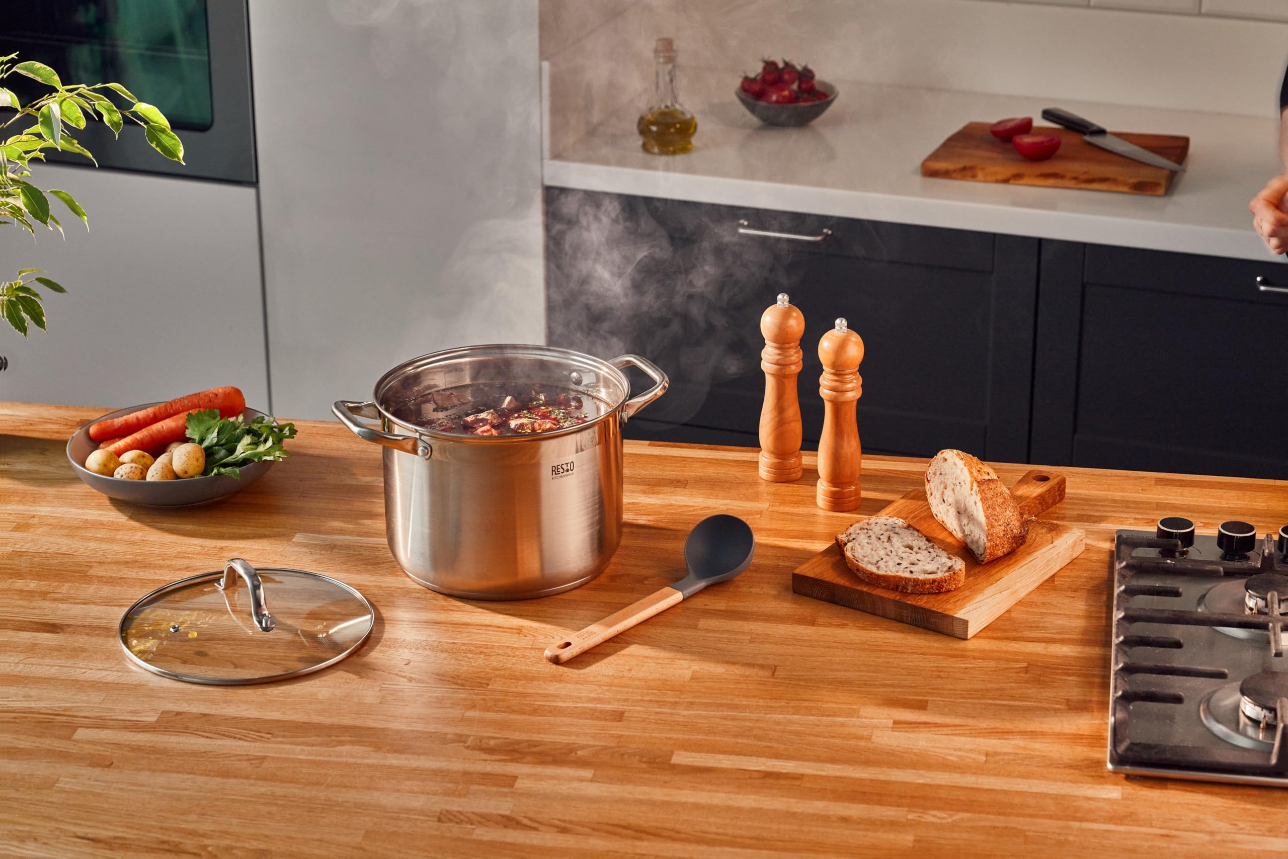 RESTO Garnek ze stali nierdzewnej 28 cm – garnek uniwersalny 13 l – garnek do duszenia z pokrywką – garnek do wszystkich rodzajów kuchenek również indukcyjnych – garnek do gotowania z odporną na