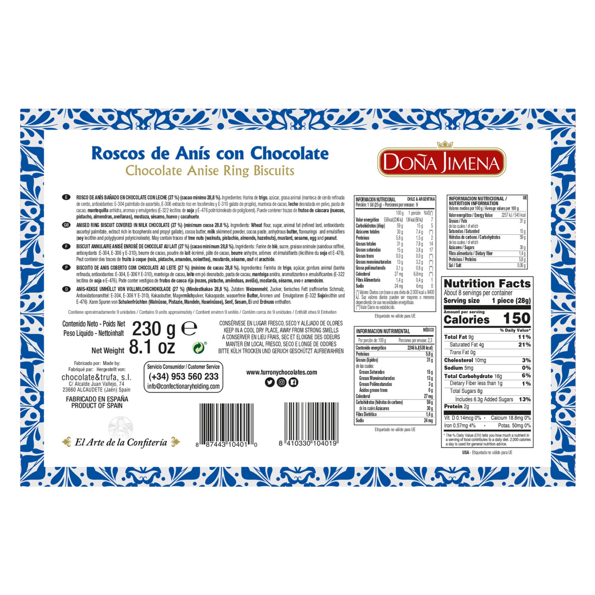 Doña Jimena - Roscos de Anís Bañados de Chocolate, Calidad Suprema, Típico Dulce Navideño, Receta Artesanal, 230g