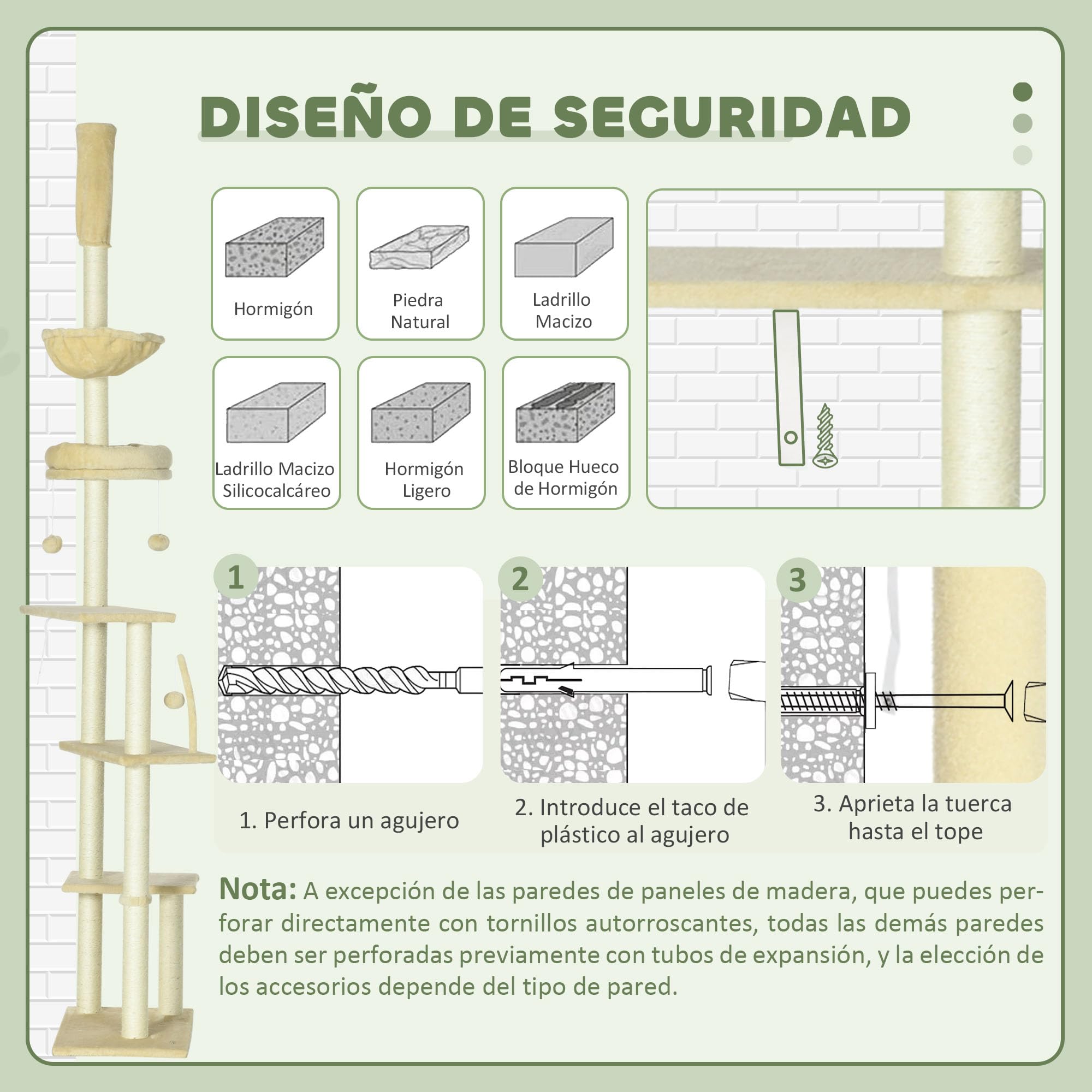PawHut Árbol para Gatos de Suelo a Techo Altura Ajustable 230-250 cm Beige | Árbol Rascador para Gatos, Múltiples Plataformas, Cestos, Hamaca, Bolas Colgantes