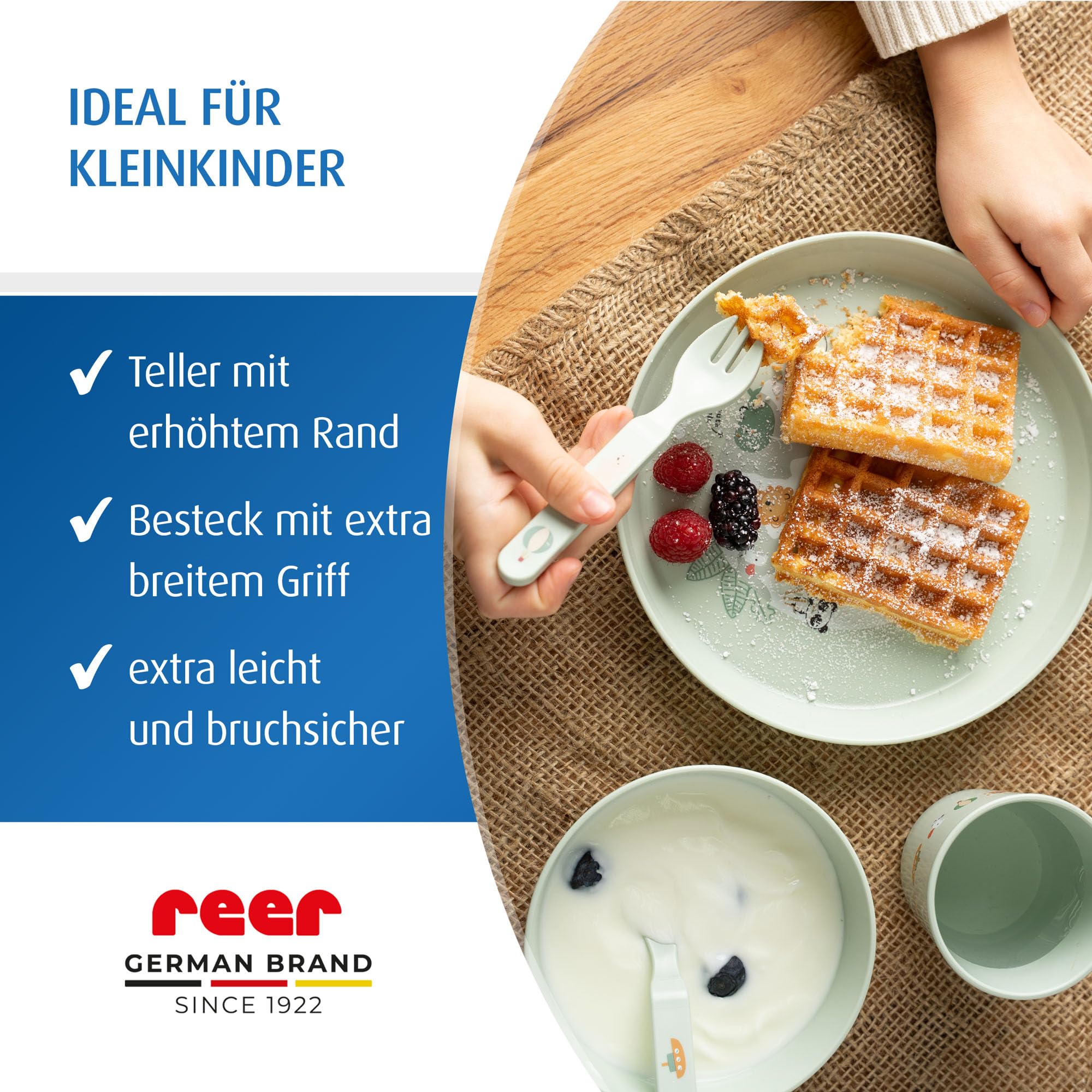 reer Kindergeschirr Set | Motiv: Little Explorer | Biokunststoff-Geschirr für Kleinkinder aus 100% ISCC-zertifiziertem Material | 5-teilig | BPA-frei | spülmaschinengeeignet