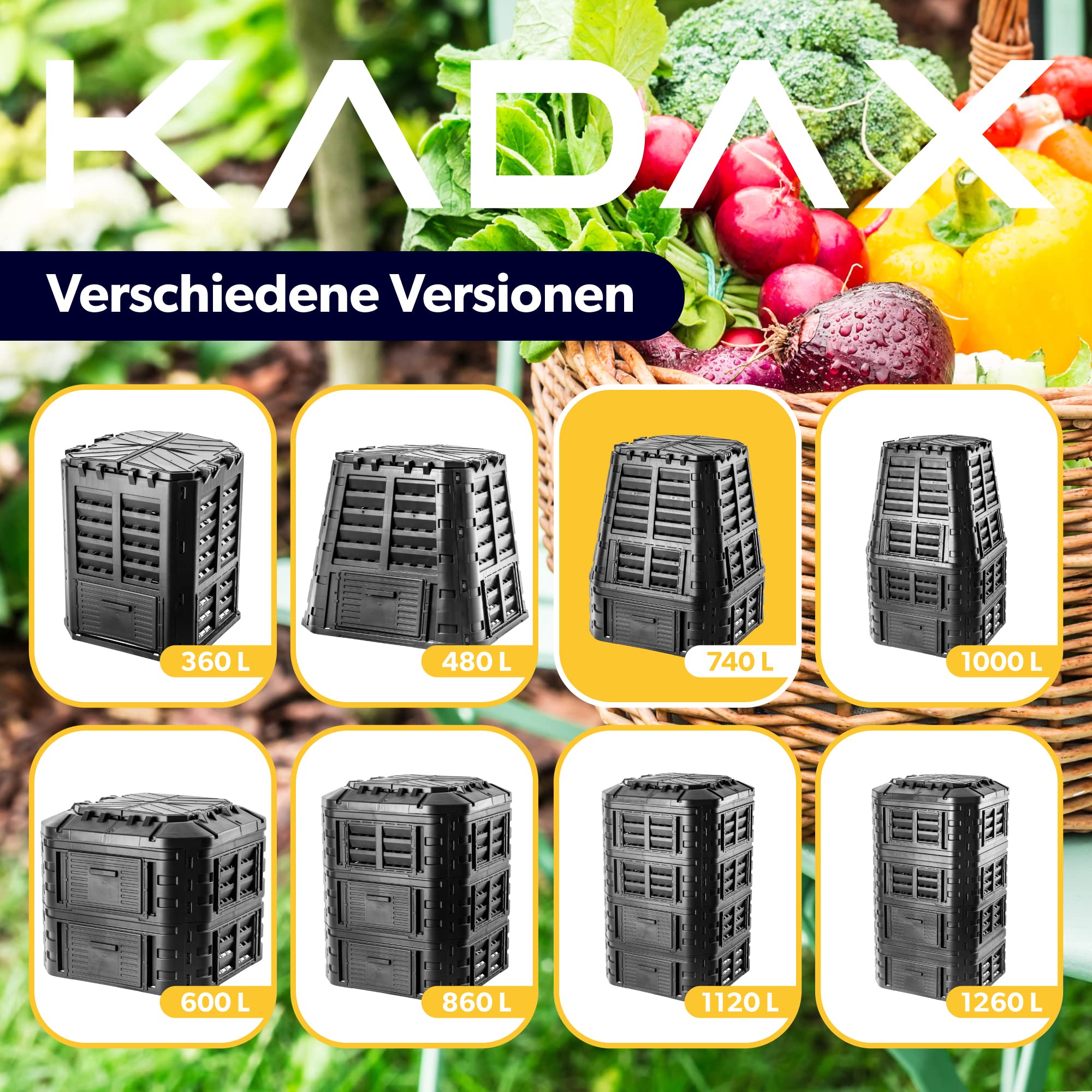 KADAX Komposter, schwarze Kompostanlage, Schnellkomposter aus Kunststoff, witterungsbeständiger Thermokomposter mit klappbarem Deckel (740L)