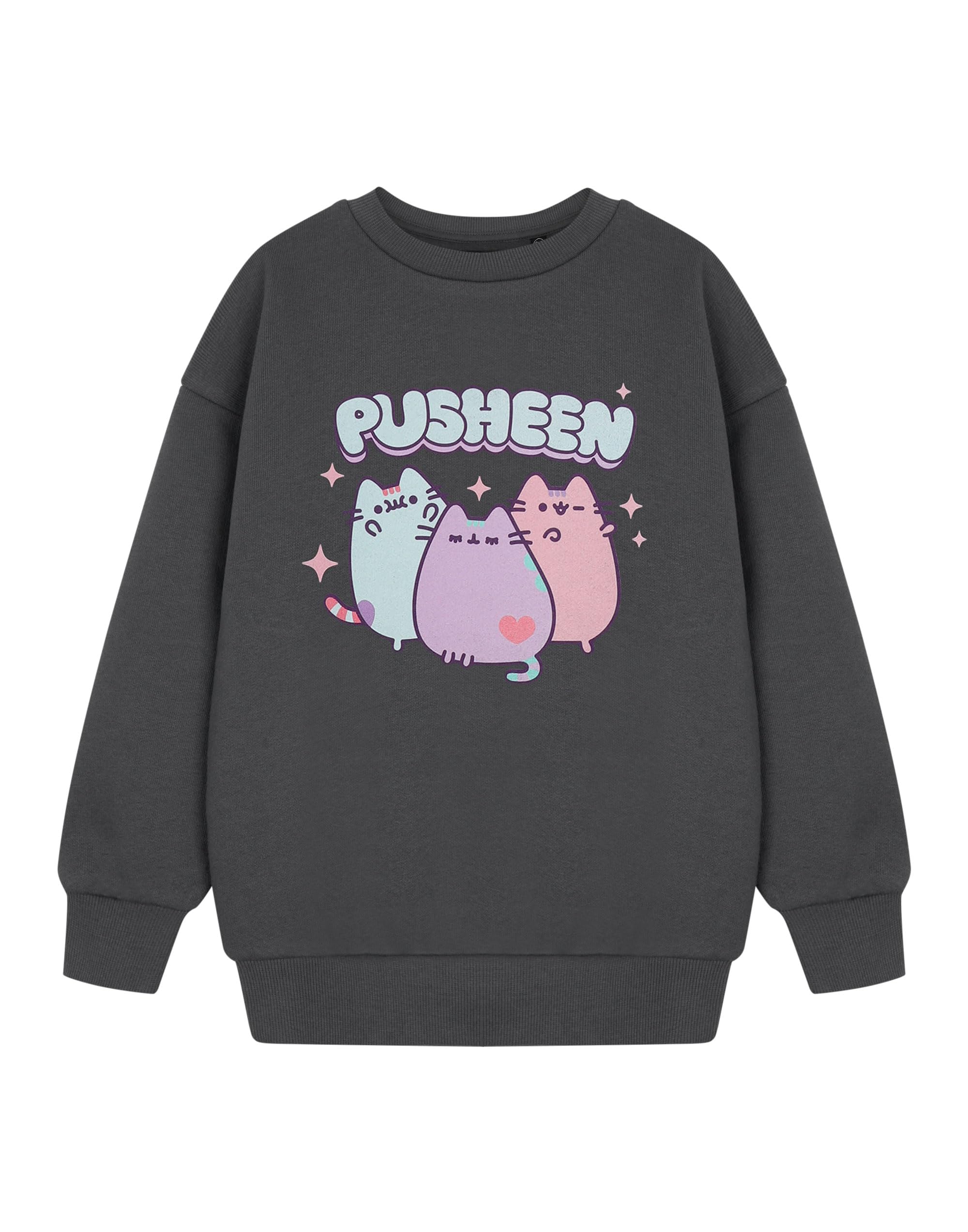 Pusheen The Cat Girls Grey Pastel Pusheen Sweatshirt | Cute Kawaii Cat Graphic Jumper | Long Sleeve Pullover For Kids & Teens | Cosy Casual Pusheen Merchandise For Cat Loving Kids