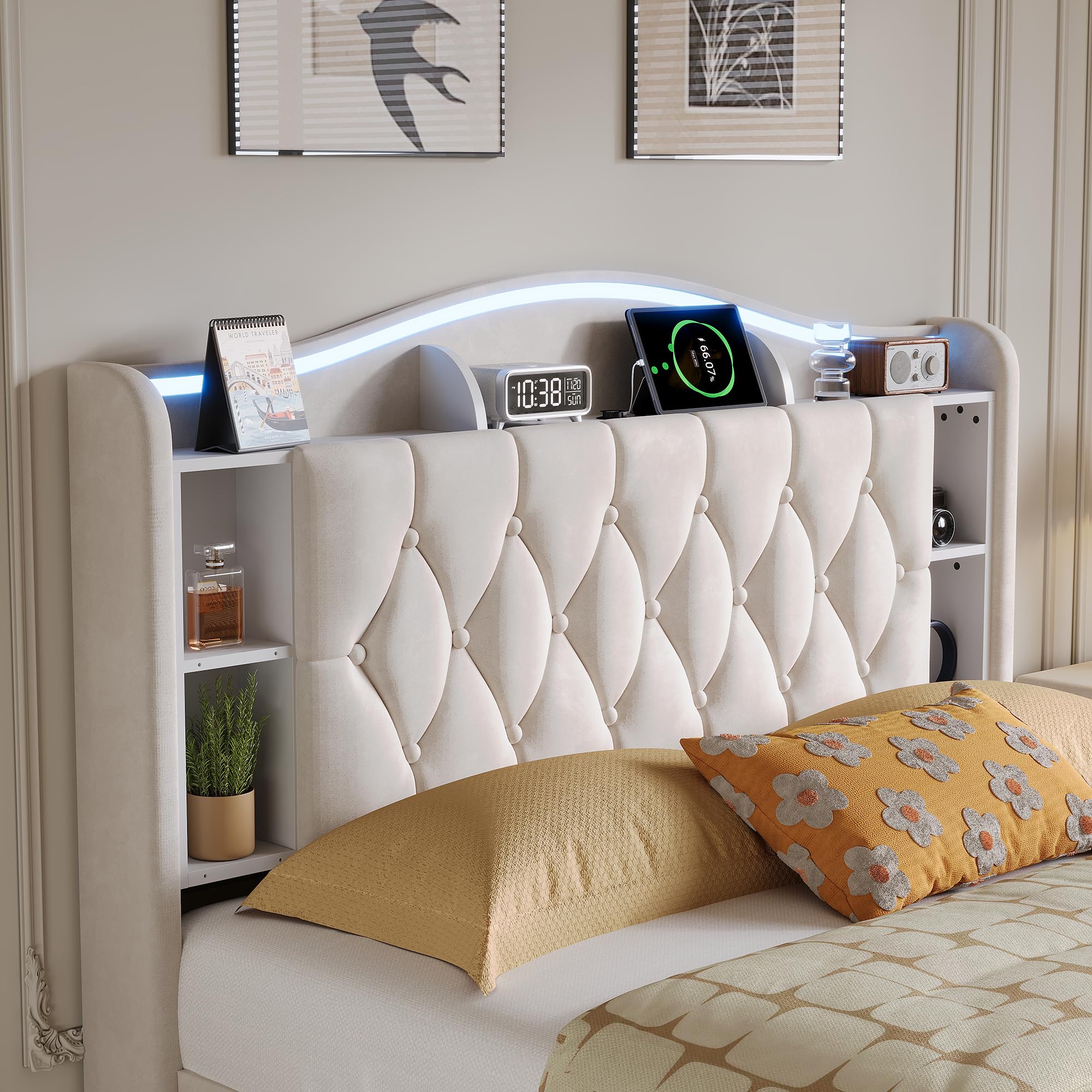 Letto matrimoniale imbottito 160 x 200 cm, letto idraulico con illuminazione a LED, letto per ragazzi con 2 USB e ricarica wireless, letto 160 x 200 cm, con testiera e rete a doghe, flanella
