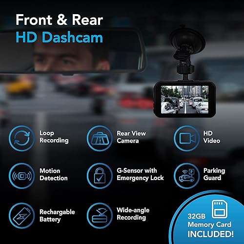 Miniatura 6 de AutoSky Dash Cam delantera y trasera - Cámara de tablero para autos Mini Dash Cam Full HD con tarjeta de memoria de 32 GB pantalla IPS de 3 pulgadas