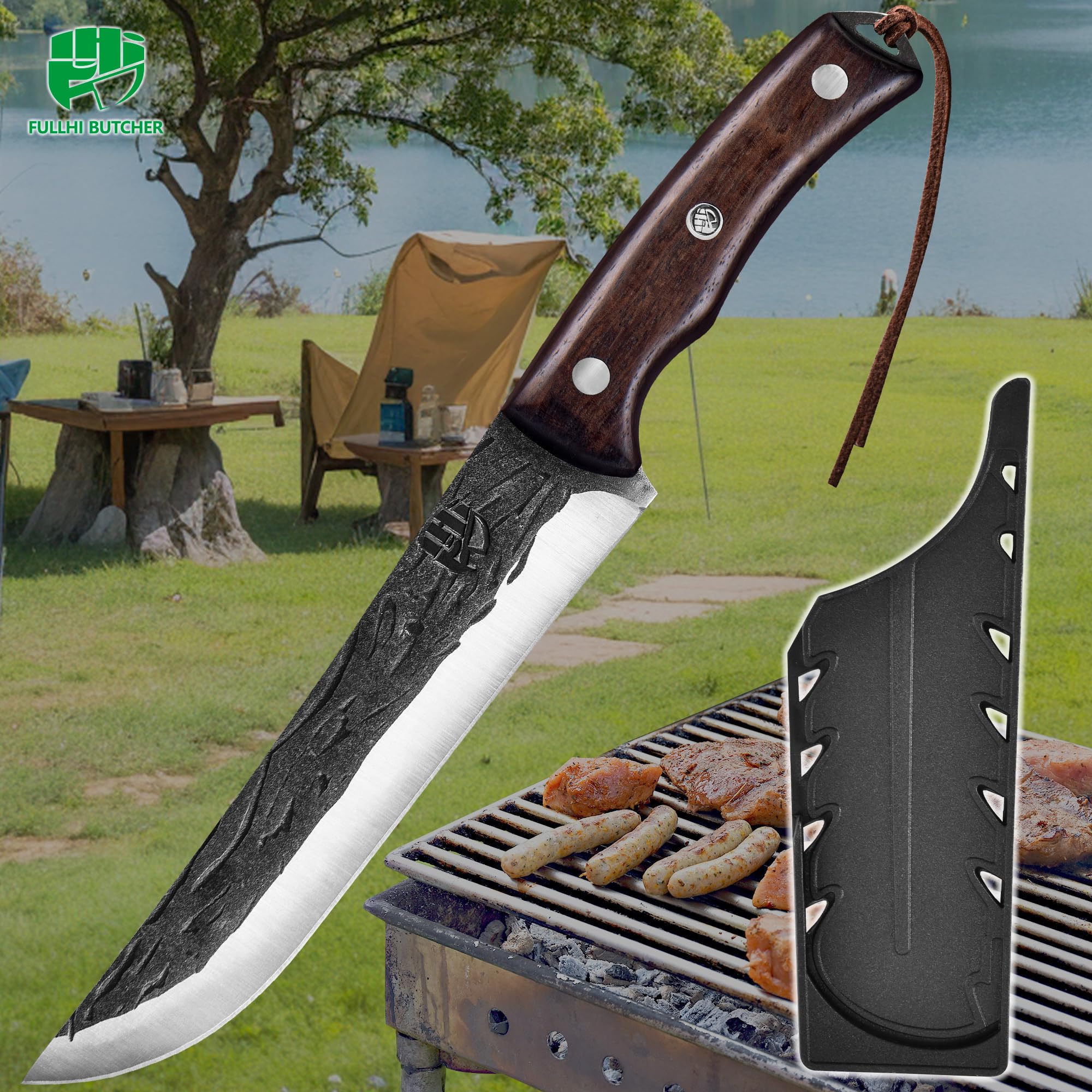 FULLHI Cuchillo deshuesador con funda,Cuchillo de cocina Full Tang,Cuchillo de acero al carbono para trinchar y deshuesar,Cuchillo de pesca para casa,Camping Barbacoa (Marrón, 17cm)