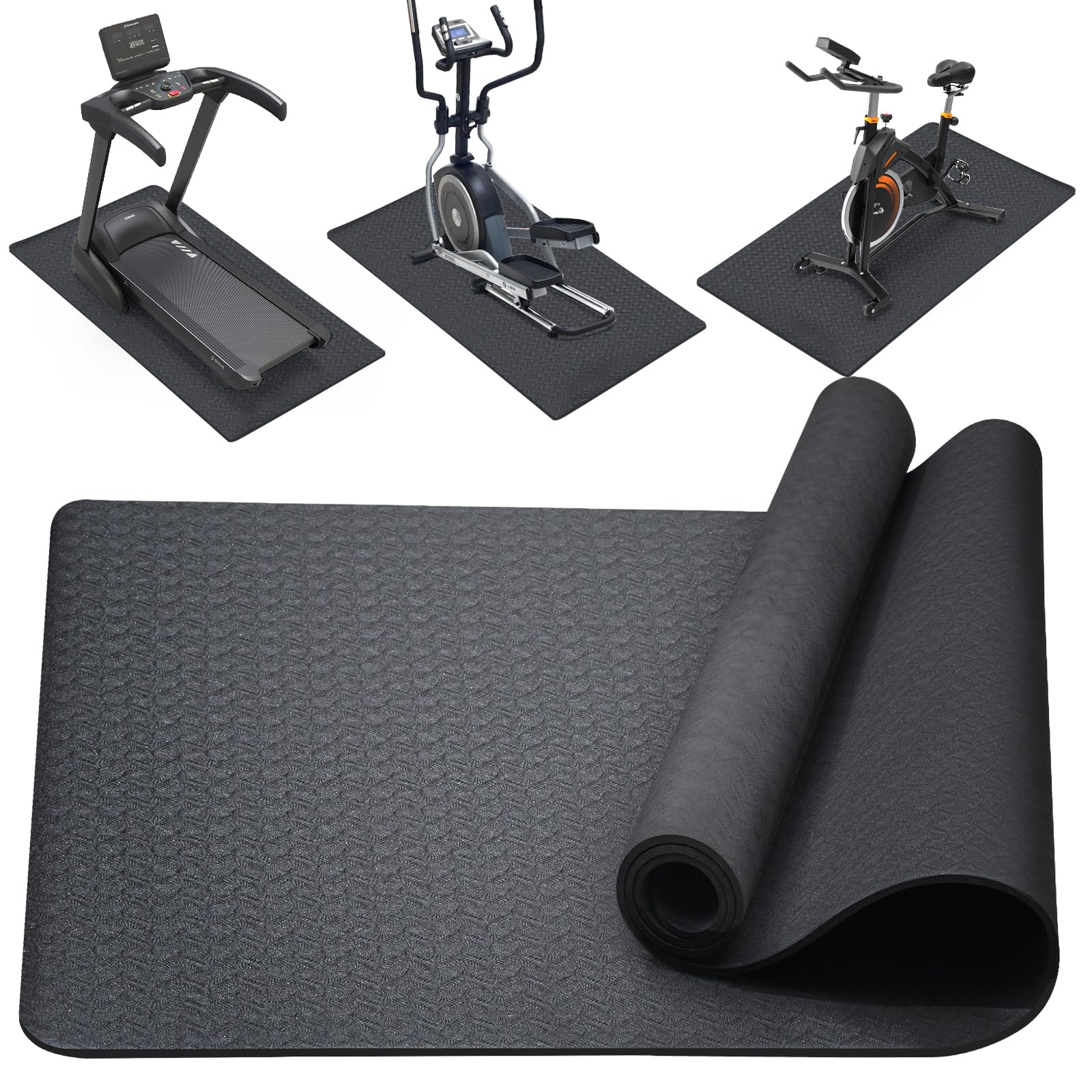 Treadmill Mat, Foldable TPE Exercise Equipment Mat Heavy-Duty Protective Floor Mat for Bike, Walking Pad Treadmill, Fitness Equipment, 183cm x 80cm x 0.6cm, Black