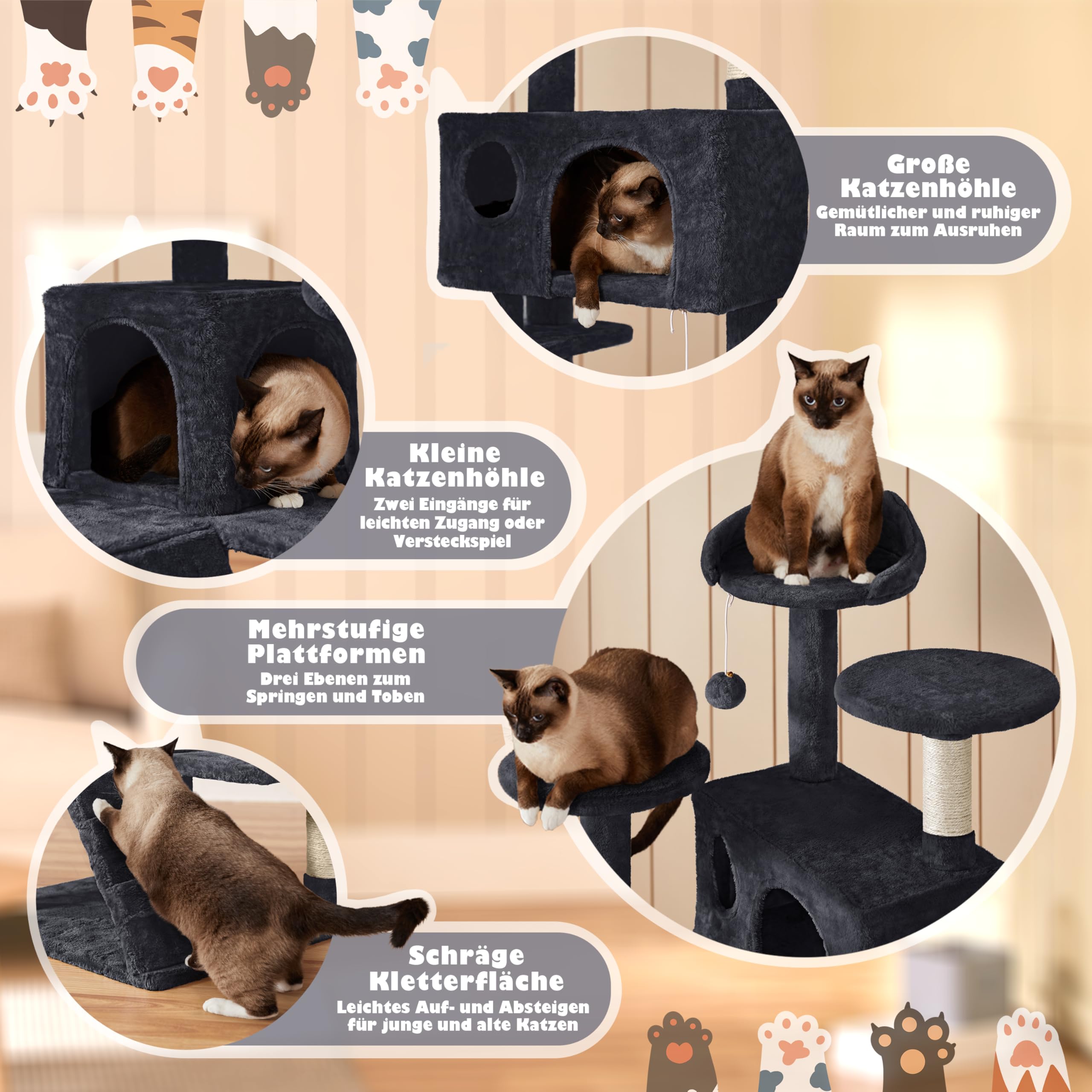 Yaheetech krabpaal groot, 139 cm hoog, kattenboom met meerdere verdiepingen, klimtoren met 3 krabpalen, 3 platforms, 2 gezellige holen, 2 pluche ballen, stabiele activiteitenruimte voor katten, donker