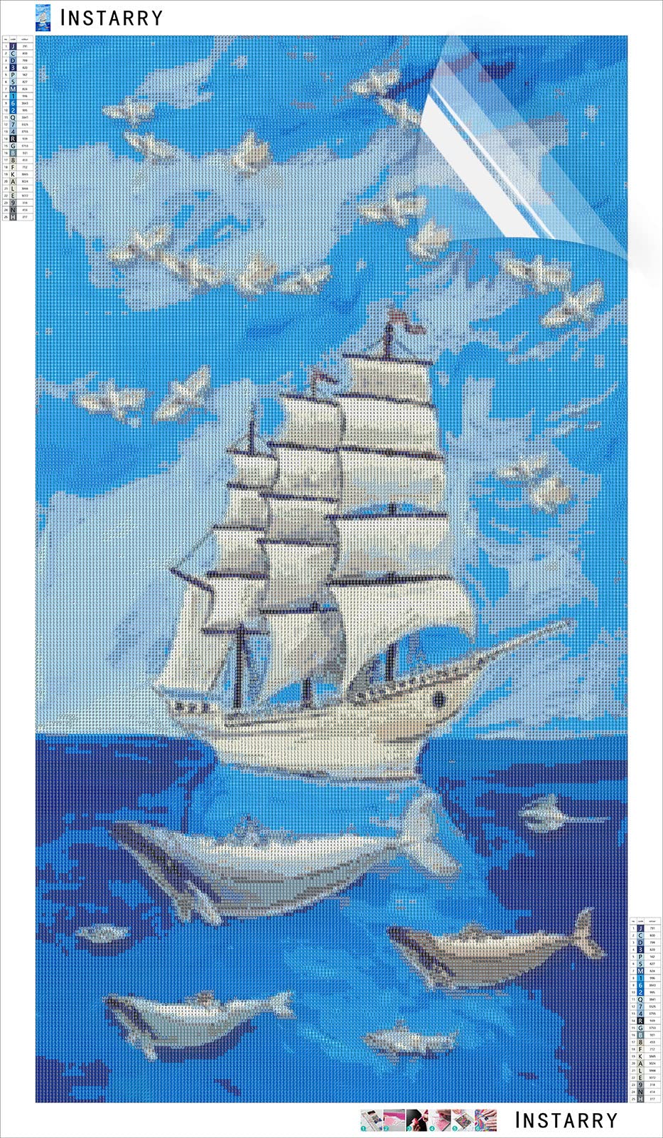 Instarry 5D Diamond Painting - Barca A Vela E Delfini - Kit Completo 120x40 Cm Con Diamanti Rotondi