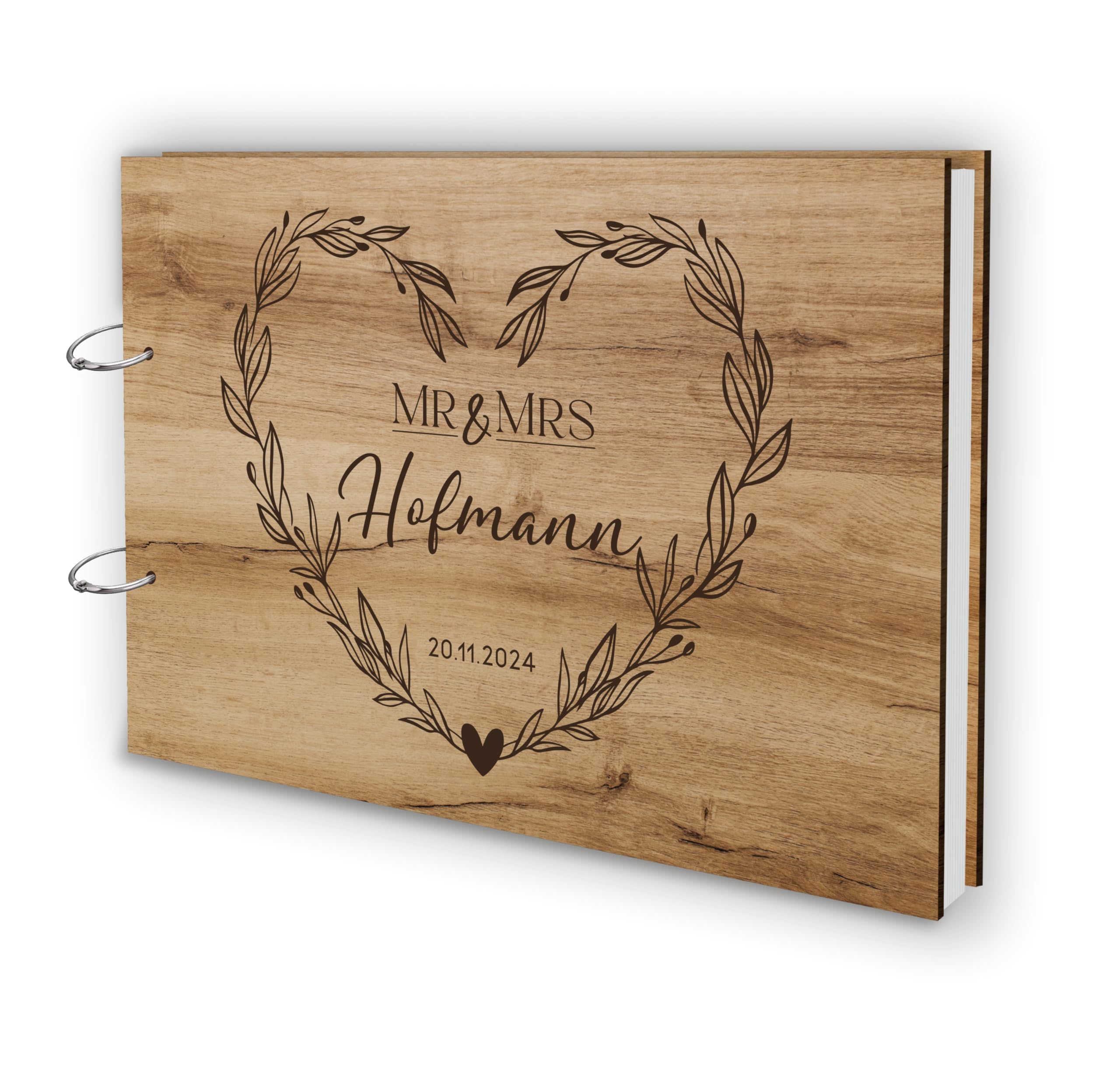 Manschin-Laserdesign Holz Gästebuch Love Hochzeit Echtholz mit individueller Lasergravur | 50 Blätter (100 Seiten) | DIN A4 |