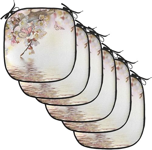 Lunarable Juego de 6 cojines japoneses para silla, diseño floral natural, estilo japonés, jardín con mariposa Sakura en flor de cerezo, acolchado de