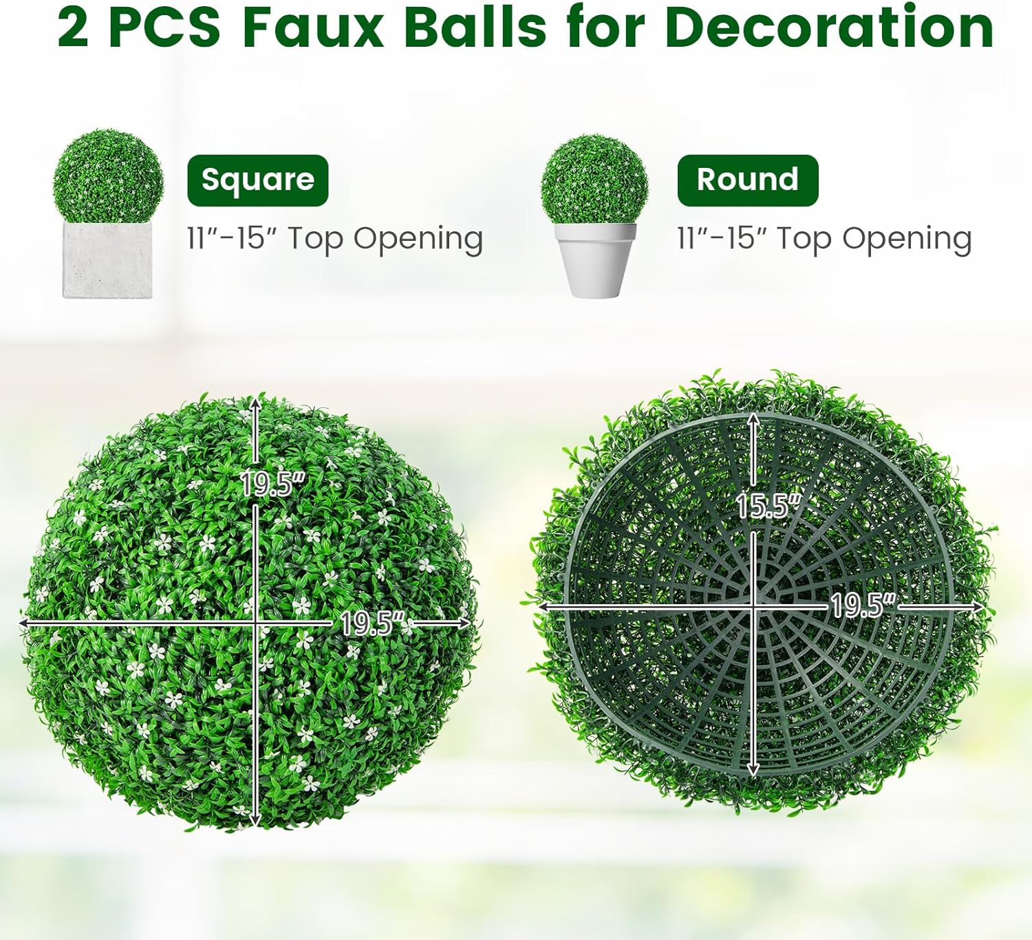Goplus 2 PCS 19.5 Inch Artificial Plant Topiary Ball, Round Holly Faux Boxwood Balls Outdoor with White Flowers, Garden Spheres Decorative for Front Door, Porch, Backyard, Balcony, Patio, Wedding