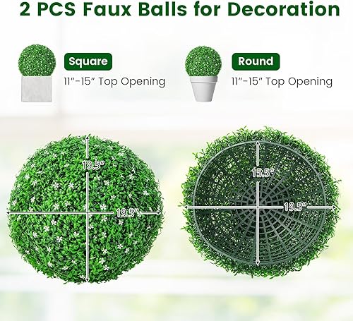 Vista 7 de Goplus 2 bolas topiarias artificiales de 19.5 pulgadas, bolas redondas de boj de imitación de acebo para exteriores con flores blancas, esferas