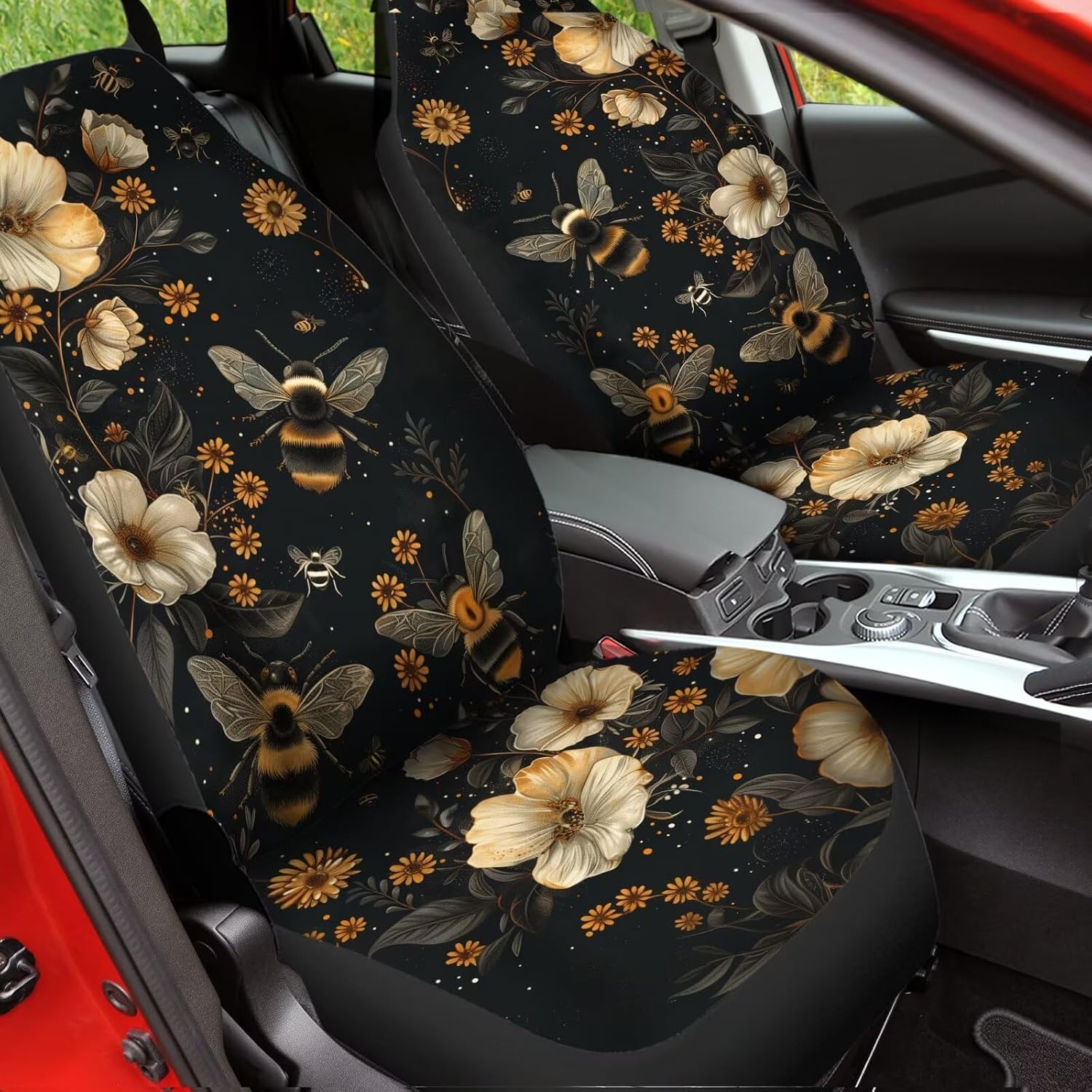 2 Piece Bee Car Seat Covers Accessory Retro Flower Auto Seat Cover for Front Seats Protection Universal Fit Most Vehicle SUV Truck Washable Automotive Bucket Seats Cushion