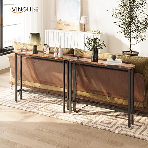 Miniatura 7 de VINGLI Juego de 2 mesas consola de 79 pulgadas con estación de carga, mesa de sofá estrecha de 5.9 pulgadas, mesa de entrada con toma de corriente,