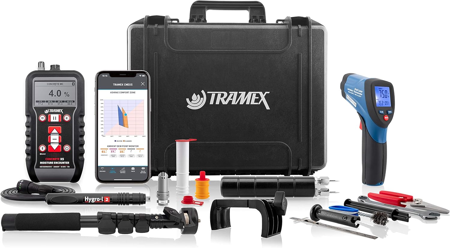 Tramex Flooring Inspector Kit FIK | Moisture Meter, RH & Pin-type Wood Probes, & Infrared Surface Thermometer | Measure Moisture, Humidity, Temperature & Dew Point Conditions of Concrete & Wood