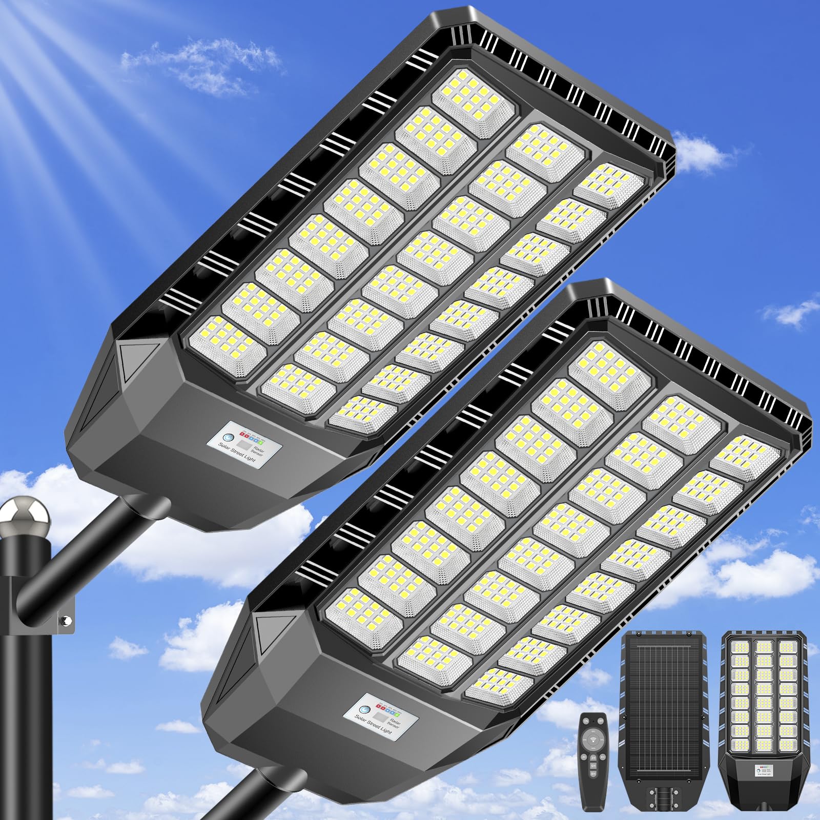 Solar Straßenlaterne für Außen mit Fernbedienung, Solar Strahler mit Bewegungsmelder & IP66 Wasserdicht, Straßenlampe von Dämmerung bis Morgendämmerung für Hof, Garten, Terrasse 2Pcs