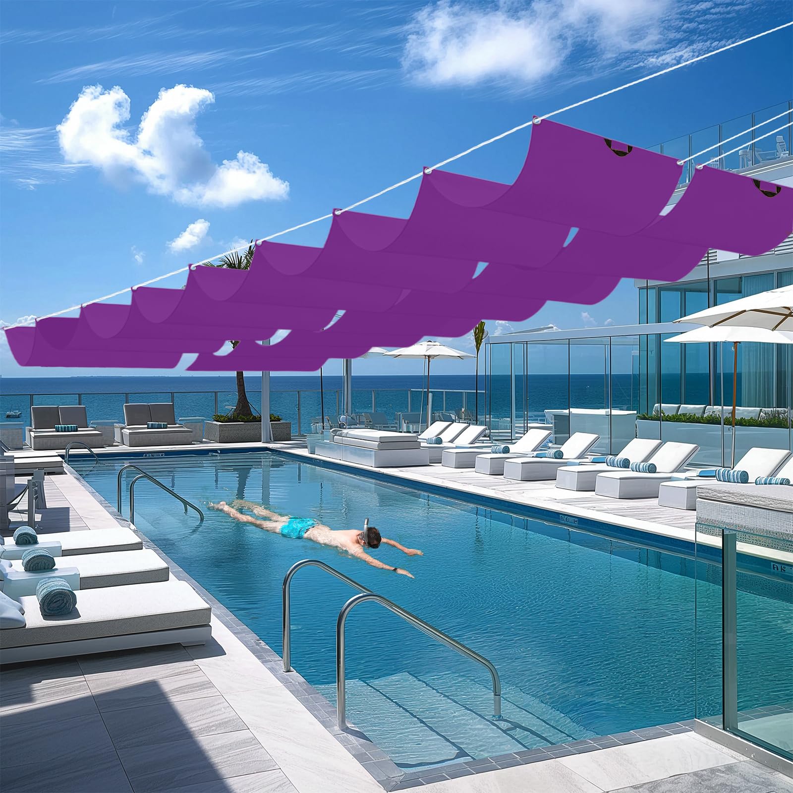 Toldo Corredero 1.2 x 15 m Impermeable, 98% Rayos UV Resistente Al Desgarro, Toldo de Tela Sombra, Terraza Vela Sombras, con Ojales y Cuerdas para Balcon, Patio, Morado
