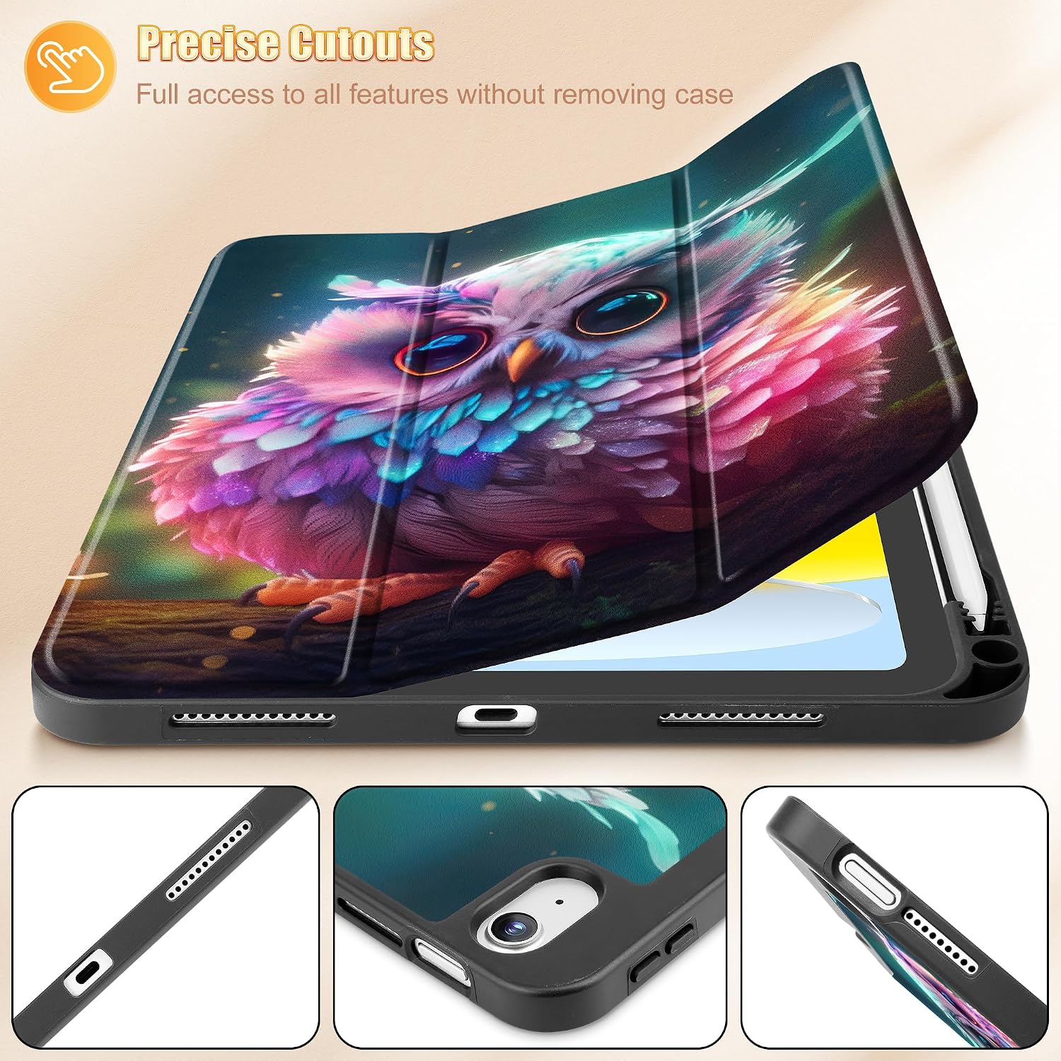Tuiklol Case for iPad 11 inch (A16 Chip) 2025 Generation 11th / iPad 10.9 inch 2022 10th Gen,Slim Stand Hard Case Pencil Holder with TPU Back Cover & Trifold Stand & Auto Wake/Sleep, Rainbow owl