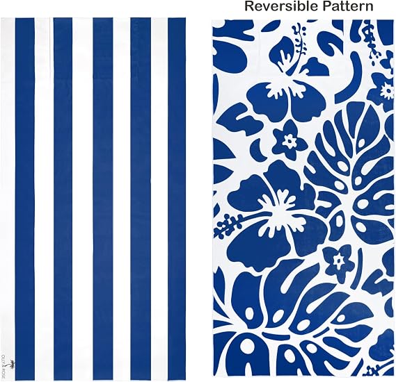 Olly & Rose Luxury Microfibre Extra Large Beach Towel with Zip Pocket and Inflatable Pillow and Reversible Pattern 100 x 200cm Blue - 300GSM Luxury Microfibre Light Weight Travel Towel…