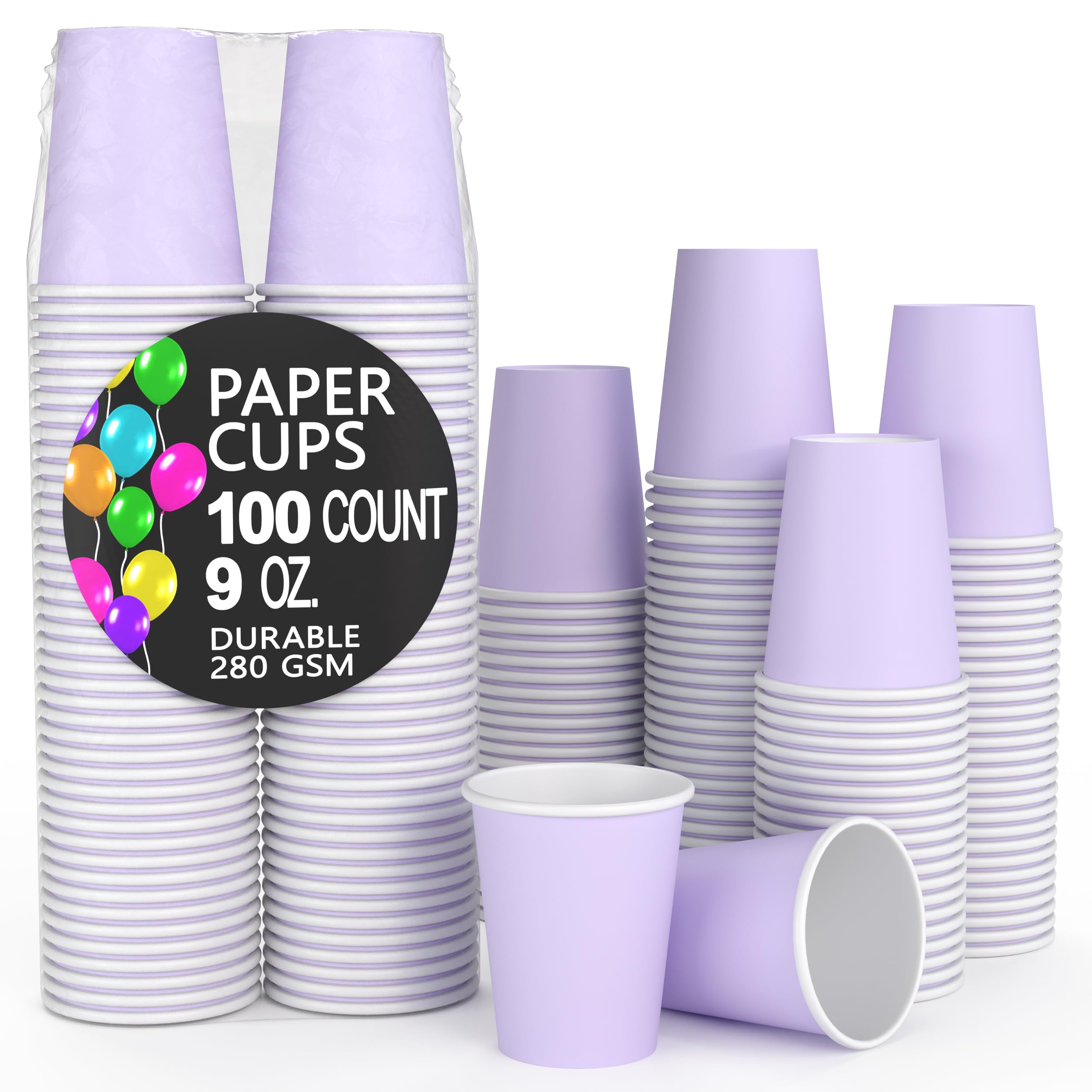 Party Solids Lavender Paper Cups 9 oz Durable Disposable Cups 100 Paper Tumblers for Hot Drinks and Cold Drinks Thick 280 GSM Hot Cup for Tea & Coffee Cup To Go Fun Colors for Parties & Events