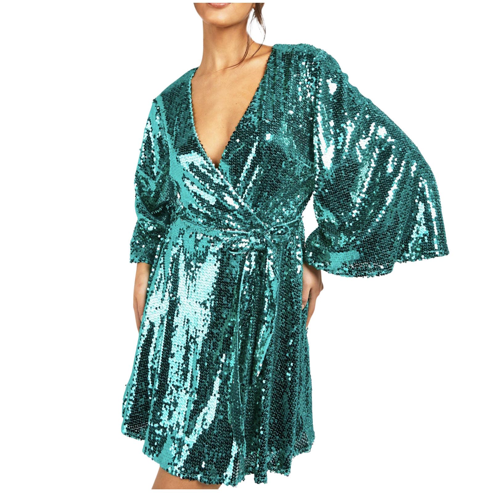 HAOLEI Abito Aderente Donna Paillettes Maniche Lunghe Vestiti da Cerimonia Mini Abito da Sera Elegante Collo Rotondo Corto Vestito Nero Casual Dress Bodycon Vestito per Feste Club Ccocktail Formale
