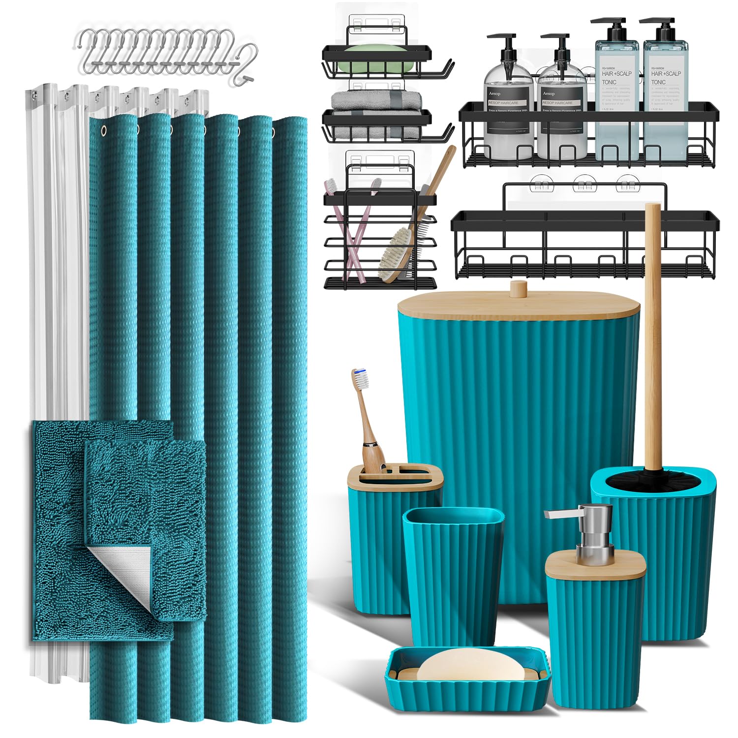 Juego de accesorios de baño de 27 piezas con alfombras de baño verde azulado para ducha