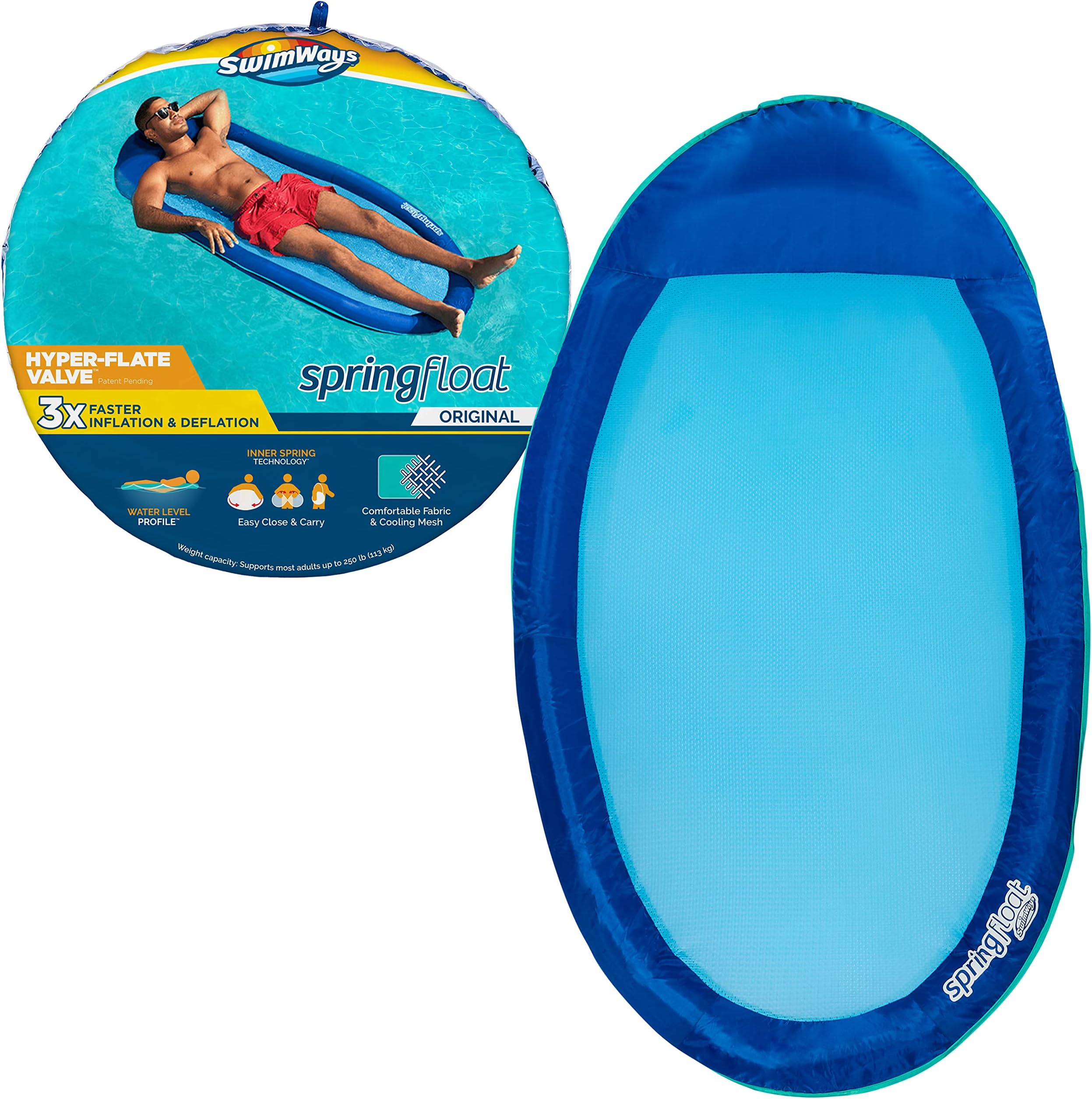 SwimWays Spring Float Original Pool Lounge Chair with Hyper-Flate Valve, Blue
