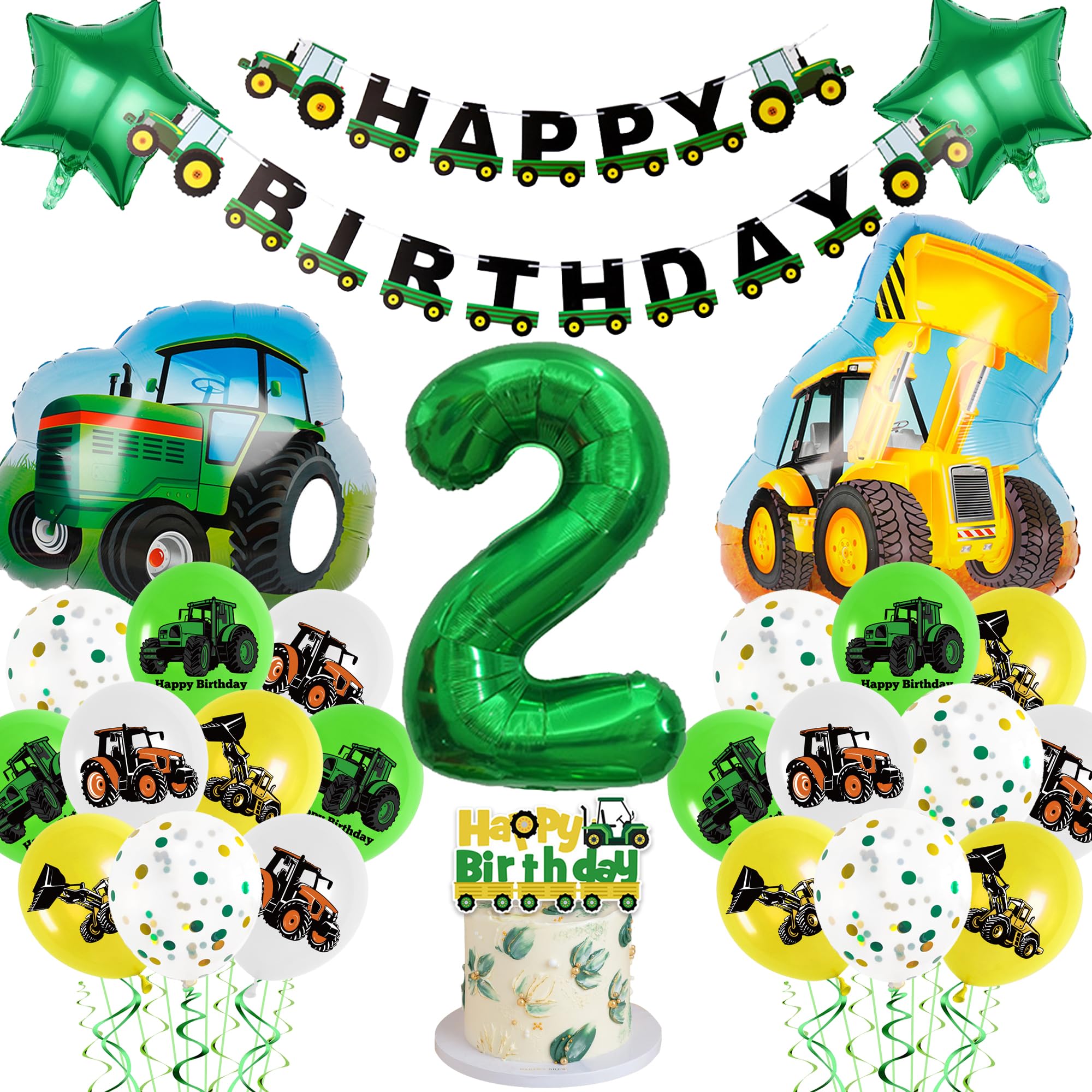 Tractor 2nd Birthday Decorations Boy - Construction Vehicle Themed Party Supplies Includes Happy Birthday Banner, Cake Topper, Latex Number 2, Stars, Tractor, Digger Balloons